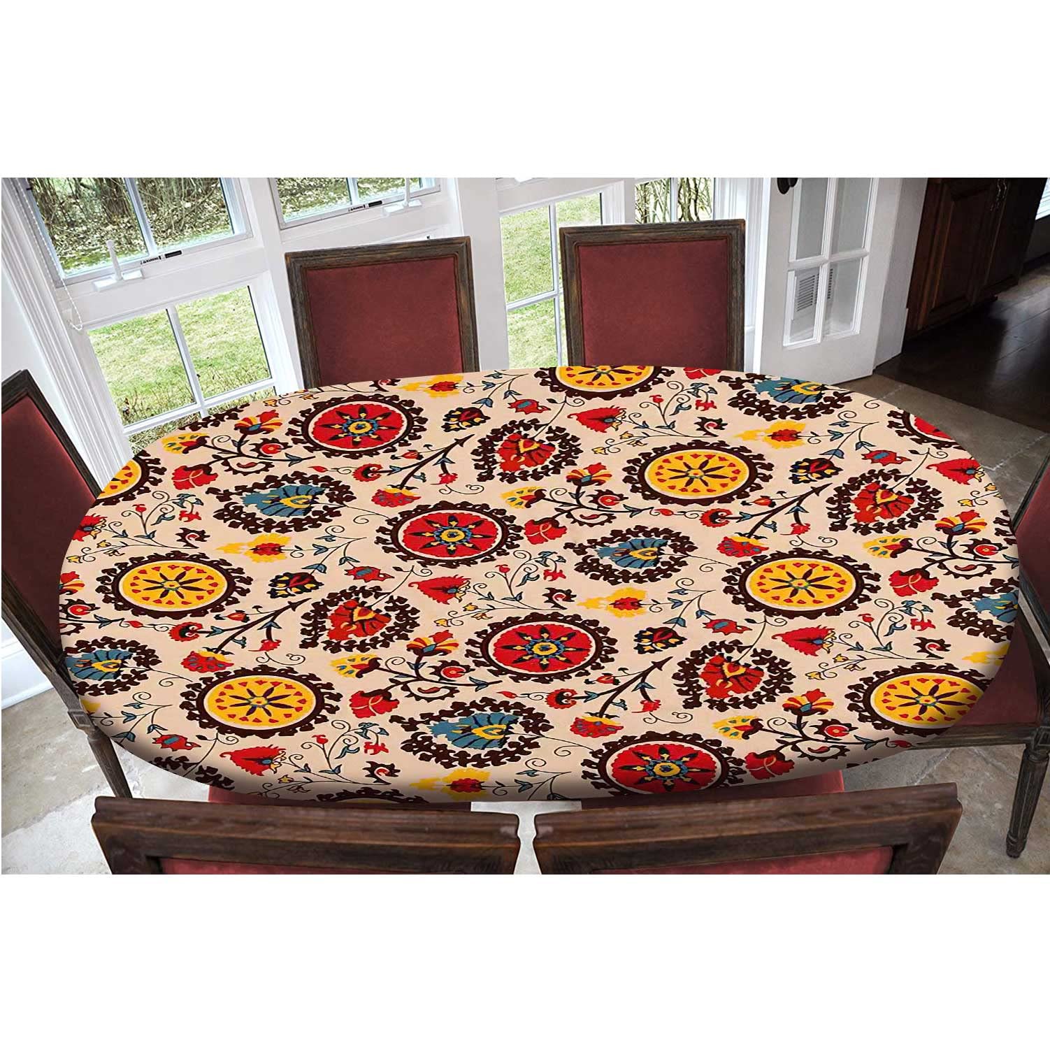 Boho Sunflower Oval Fitted Tablecloth - Waterproof Wrinkle-Resistant Elastic Edge Table Cover for 48
