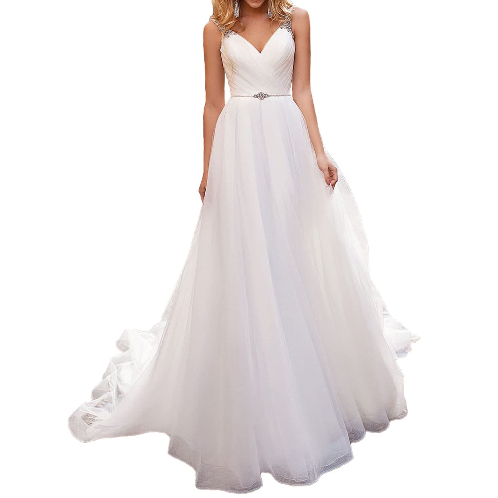 Elegant A-Line V-Neck Boho Wedding Dress with Beading & Open Back for Women – Perfect for Beach, Garden, and Outdoor Ceremonies