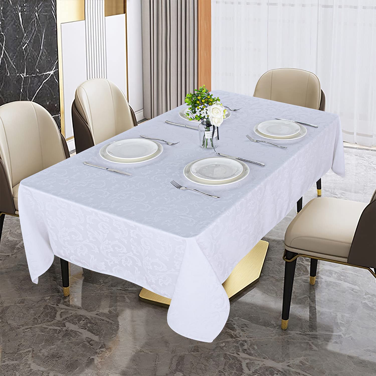 Premium 210GSM Jacquard Tablecloth - Heavy Duty Waterproof Wrinkle-Free Microfiber Table Cover for Dining, Parties, Weddings & Events (White, 52x70 Inch) - Ideal for Indoor & Outdoor Use on Round, Rectangle or Square Tables