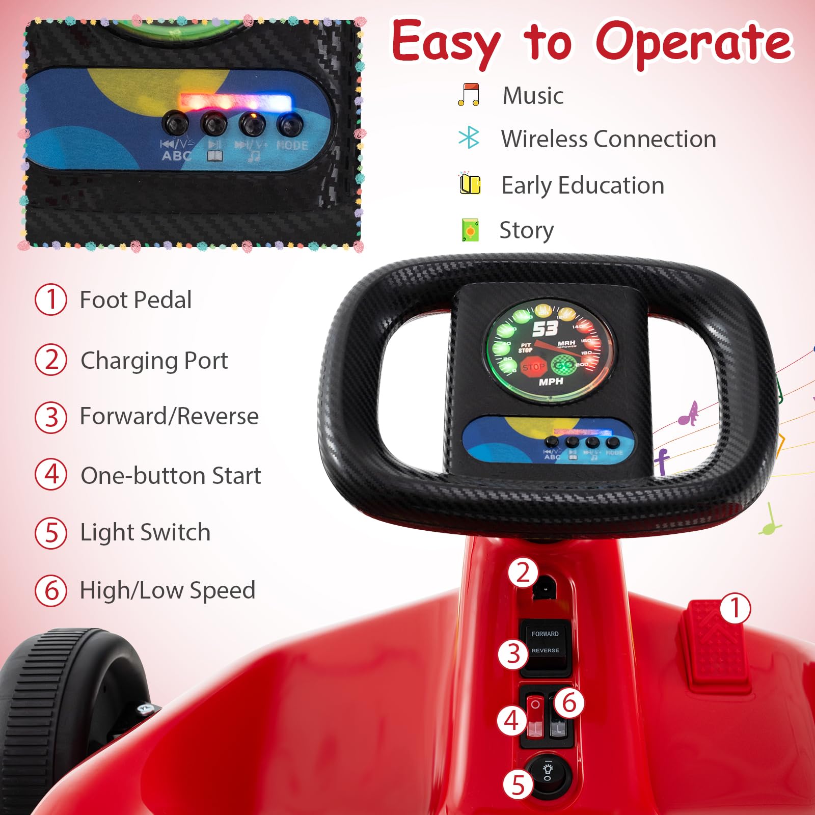 Costzon 12V Kids Electric Go Kart with Remote Control - 7AH Battery Powered Ride-On Toy Car for Ages 3+, LED Lights, Music & Story Mode - Perfect for Outdoor Play, Birthday Gifts & Backyard Racing (Red)
