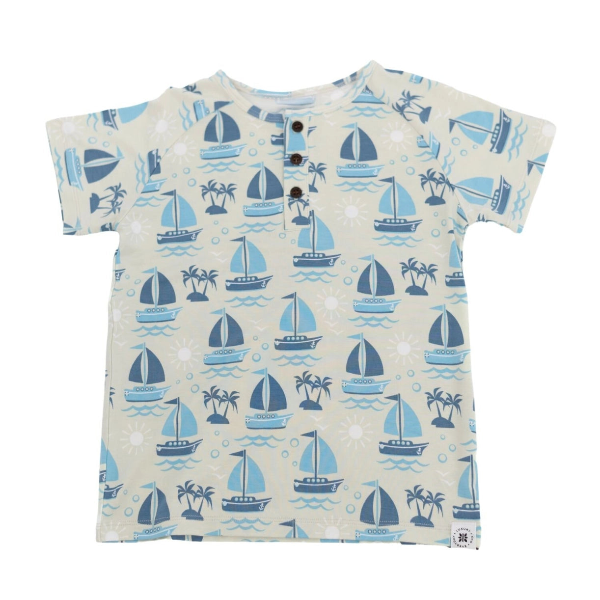 Men's Raglan Henley Short Sleeve Shirt with Sailboat Print - Casual Summer Tops for Boating, Beach, and Outdoor Activities