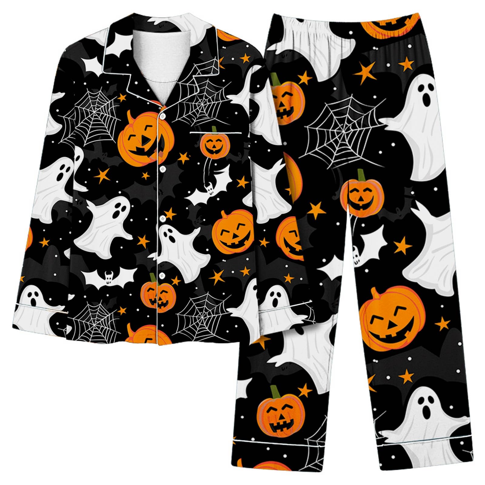 Women's Halloween Pajama Sets - Long Sleeve Button Down Collar Sleepwear with Pumpkin Print | Trendy & Comfy Lounge PJS for Fall Sleepovers, Spooky Movie Nights & Cozy Autumn Evenings