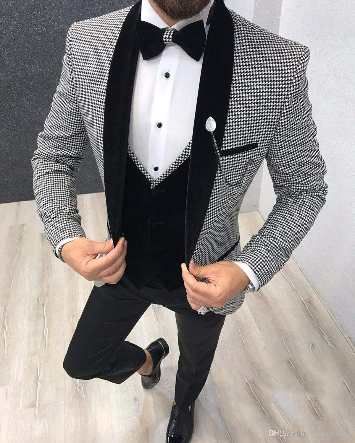 Men's 3-Piece Slim Fit Houndstooth Suit Set (Blazer, Vest & Pants) for Wedding, Groomsmen & Formal Occasions - Fashionable One-Button Casual Tuxedo Outfit