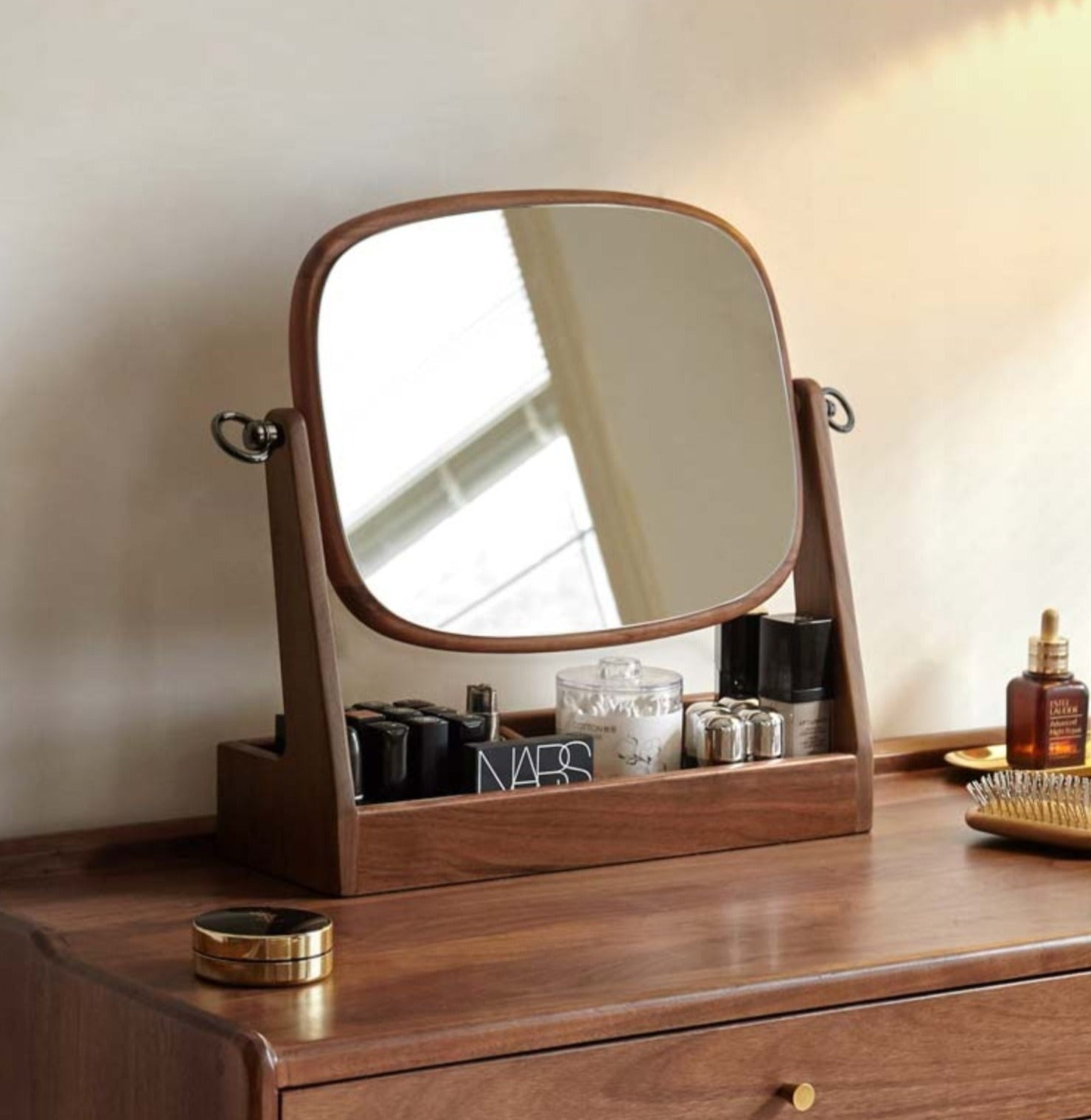 Premium Black Walnut Solid Wood Makeup Mirror & Jewelry Storage Box with 360° Rotation - Perfect for Vanity, Dressing Table, and Bathroom Organizer