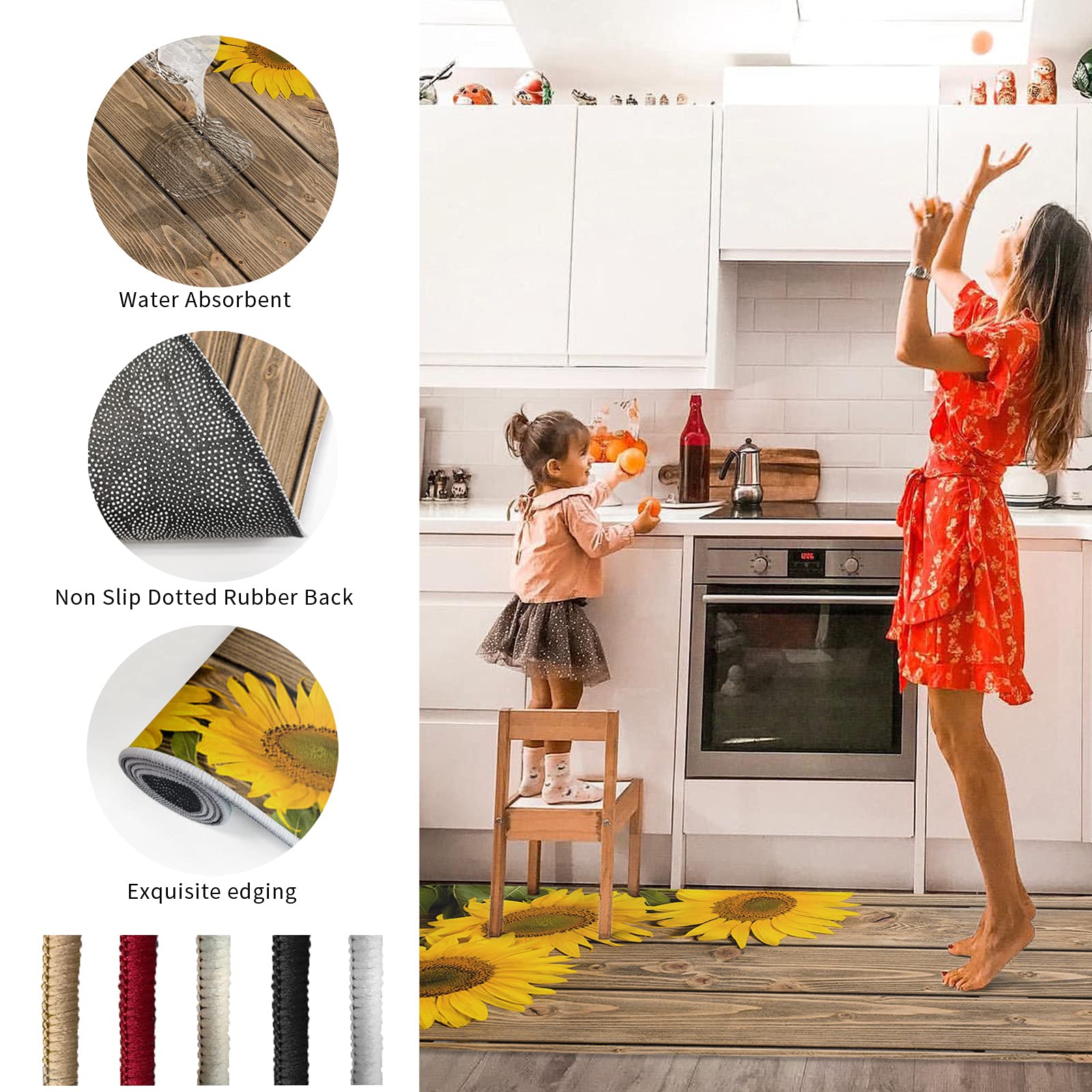 Farmhouse Sunflower Kitchen Rugs Set of 2 - Non-Slip Washable Anti-Fatigue Mats for Kitchen, Bathroom & Living Room (19.7x31.5in + 19.7x63in) | Rustic Decor, Absorbent Doormat for Home, Bedroom & Entryway - Perfect for Farmhouse Style & High Traffic Areas