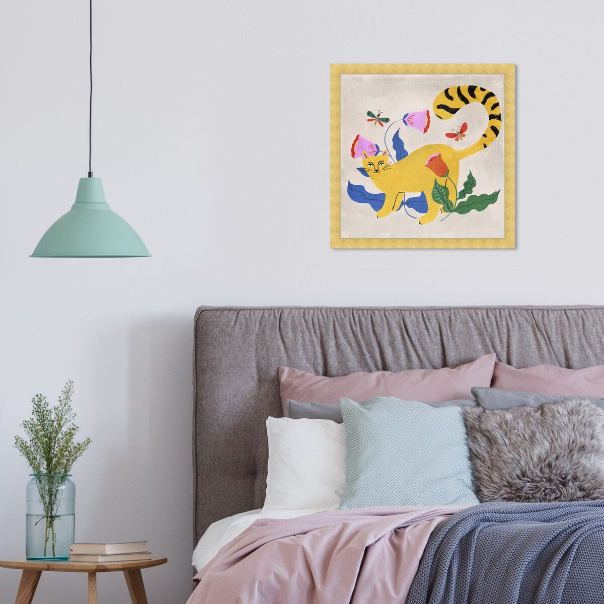 Blonde Tabby Floral Kitten Butterfly Garden Modern Yellow Framed Wall Art Print - Home Decor for Bedroom, Living Room & Nursery