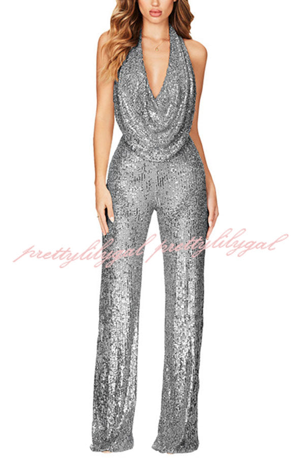 Elegant Shimmering Halter Neck Wide Leg Jumpsuit for Women - Perfect for Evening Parties, Weddings & Special Occasions