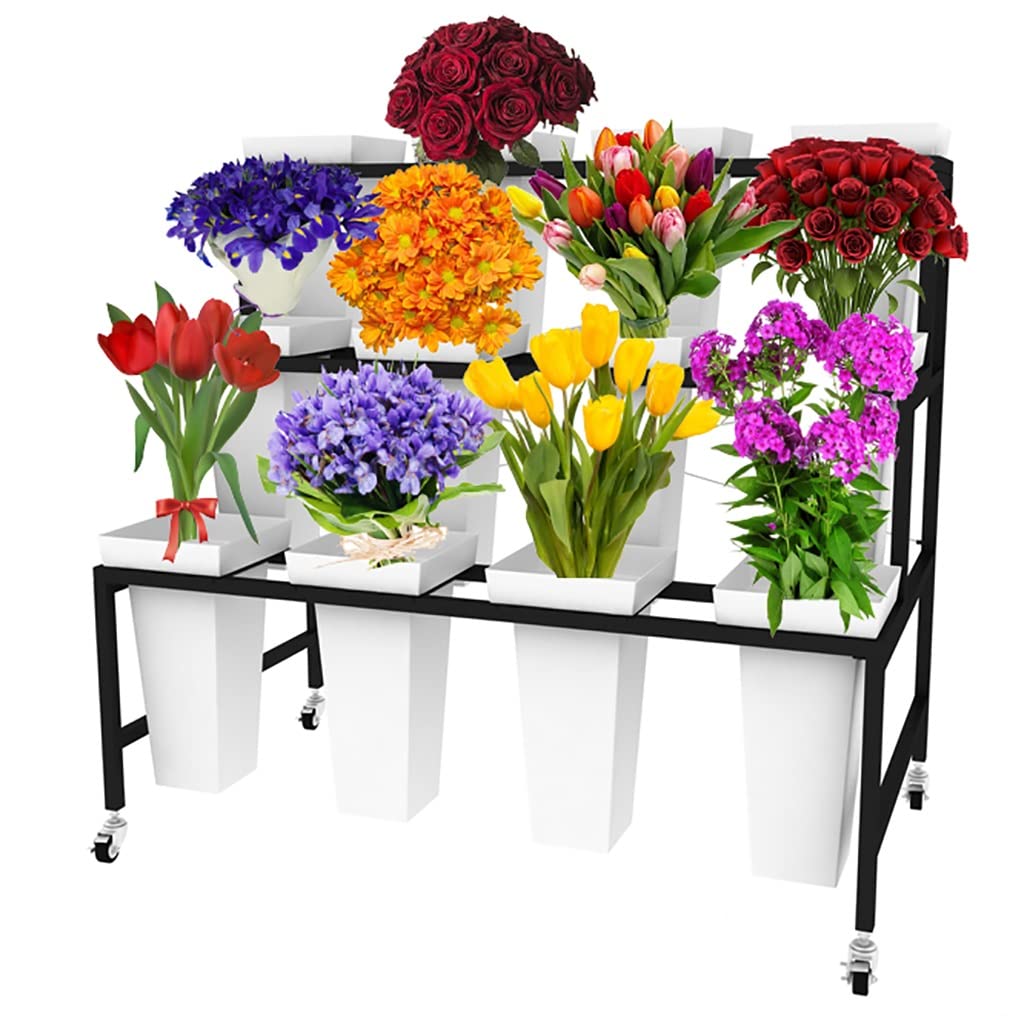 Heavy Duty 3-Tier Flower Cart with 12 Buckets & Wheels - 33 Inch Tall Plant Stand for Florists, Garden, Patio - Perfect for Flower Displays, Nursery Organization & Outdoor Decor (Black)