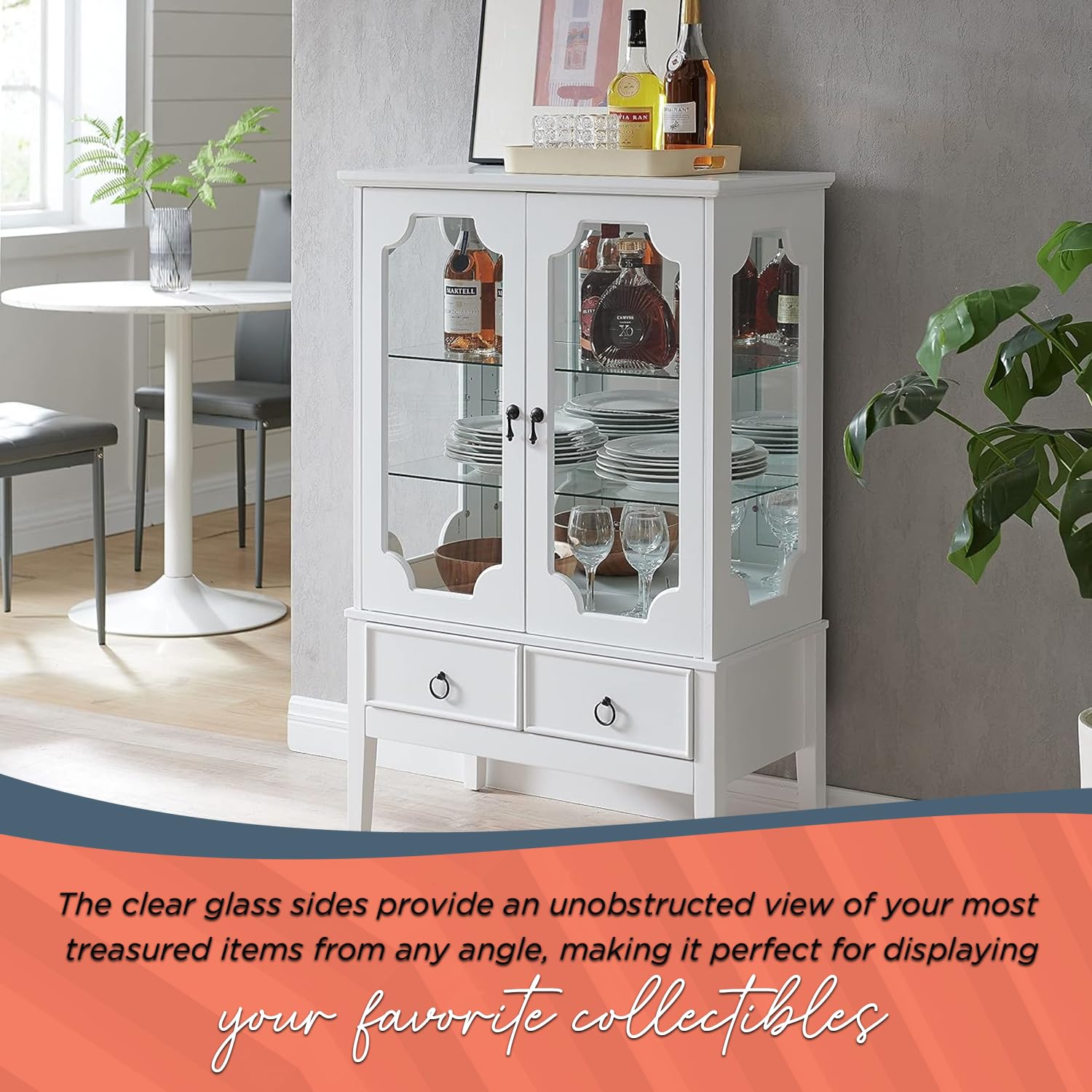 Kings Brand Furniture - White Curio Accent Storage Cabinet with Glass Shelves, Doors & Drawers - Sideboard Buffet Display Cabinet for Living Room, Dining Room & Kitchen - Perfect for Showcasing Collectibles, Storing China & Entertaining Guests