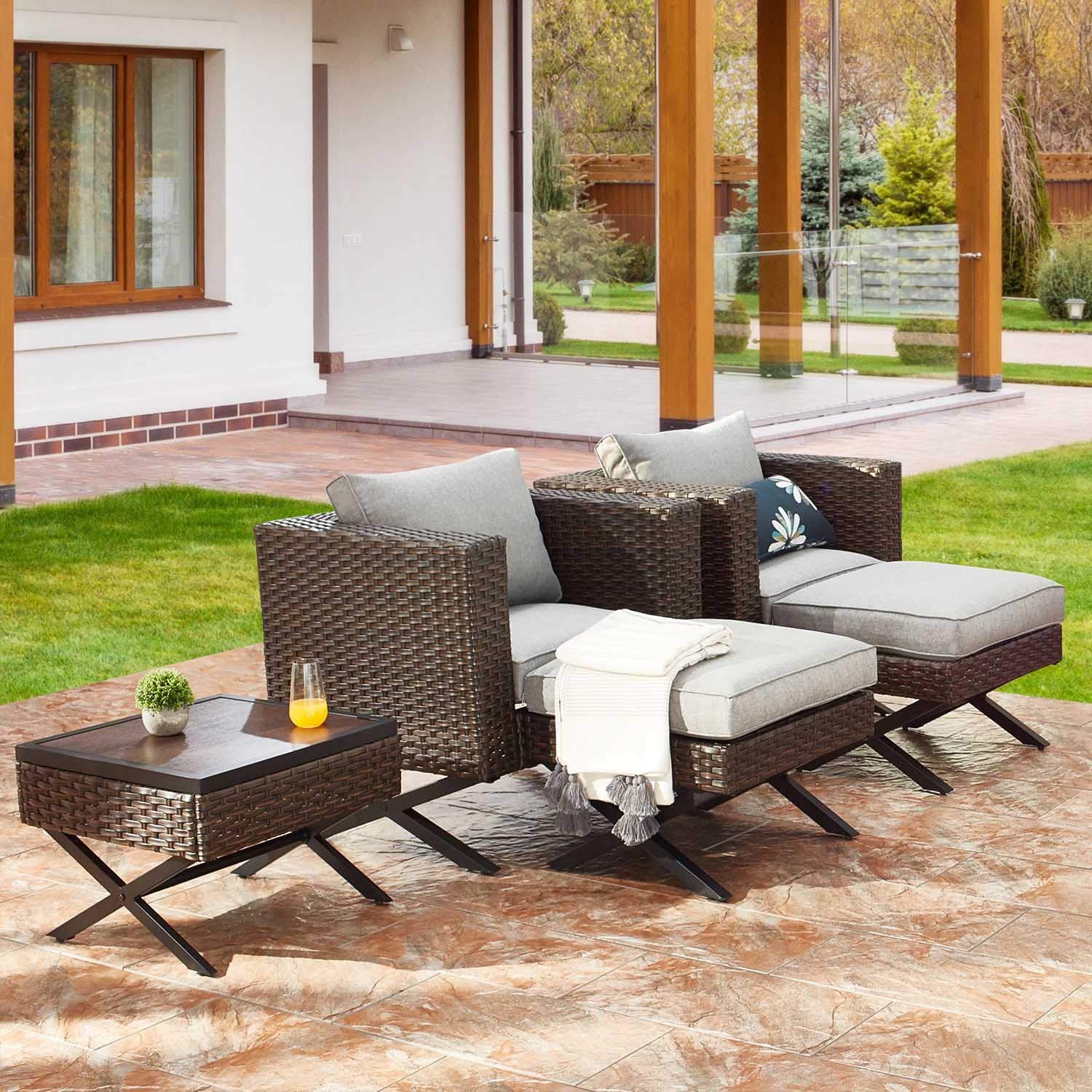 PatioFestival 2-Piece Wicker Rattan Ottoman Set - Large Outdoor Footstools with Cushions, All-Weather Patio Furniture for Garden, Poolside & Deck Relaxation