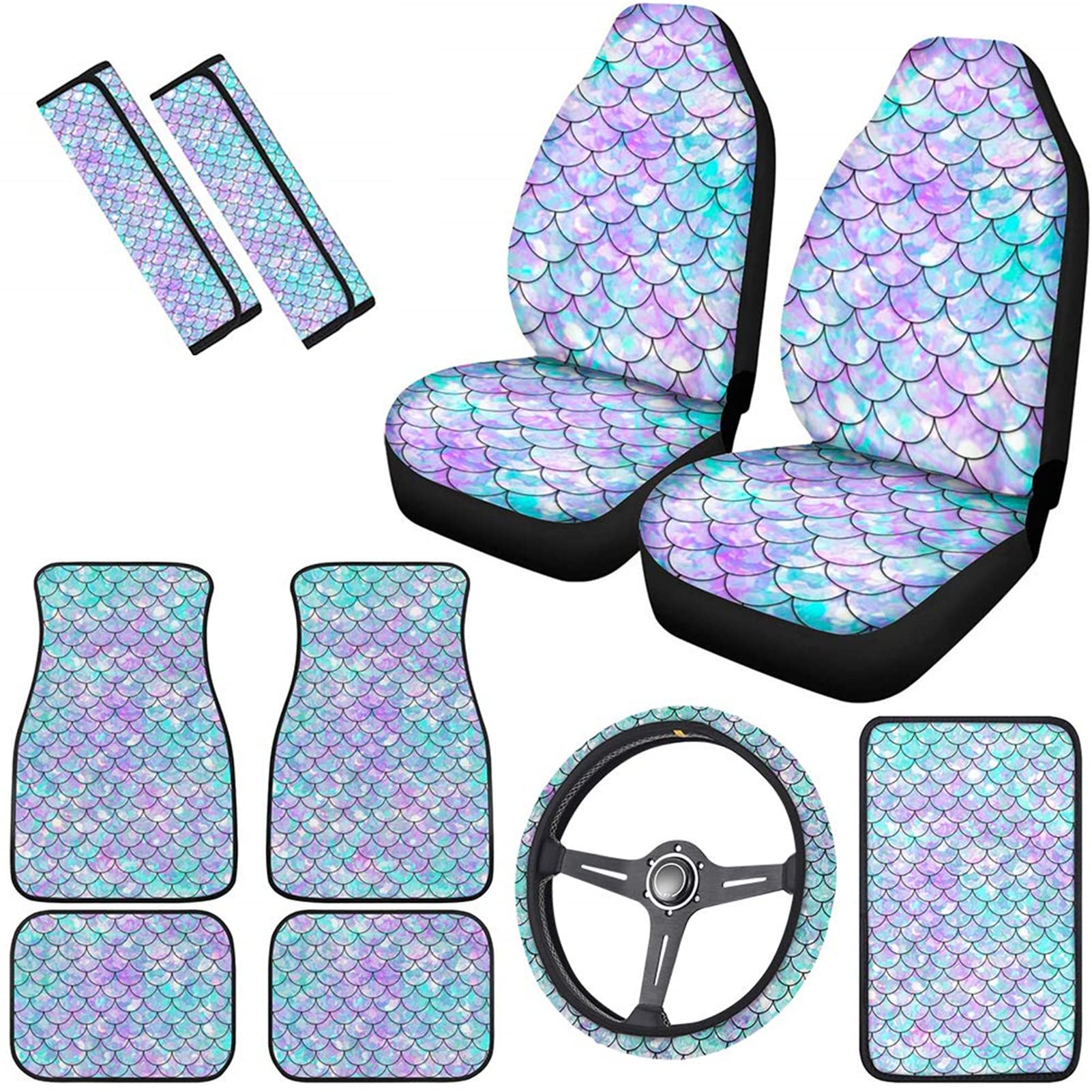 Premium Mermaid Design Car Seat Covers Full Set - Steering Wheel Cover, Armrest Cover, Seat Belt Covers & Floor Mats | Stylish Automotive Interior Accessories for Women | Perfect for Daily Commute, Road Trips & Gift Giving