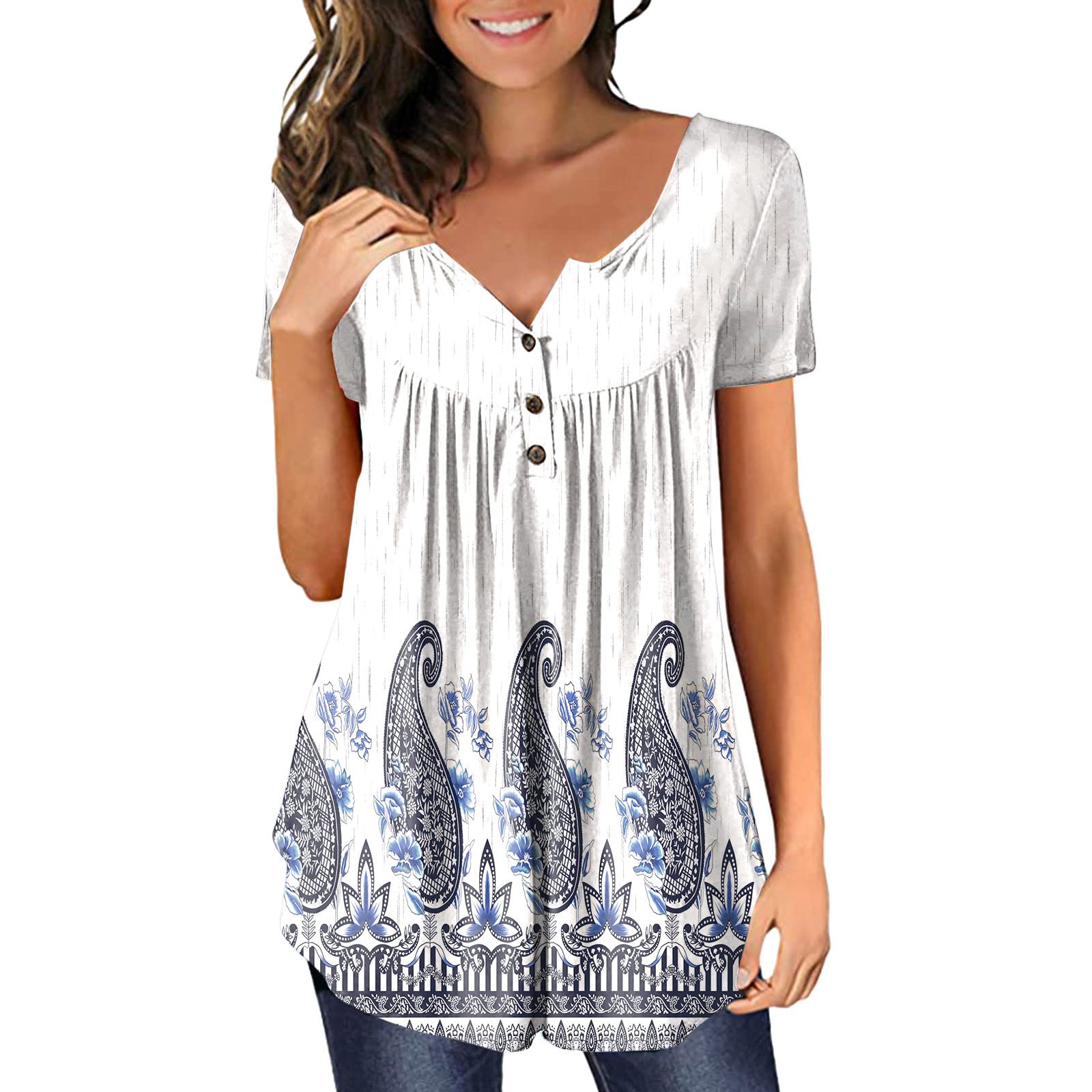 Plus Size Women's Summer T-Shirt - Floral Casual V-Neck Short Sleeve Tunic Top Blouse (White, XXL) | Perfect for Beach Outings, Casual Wear & Summer Vacations