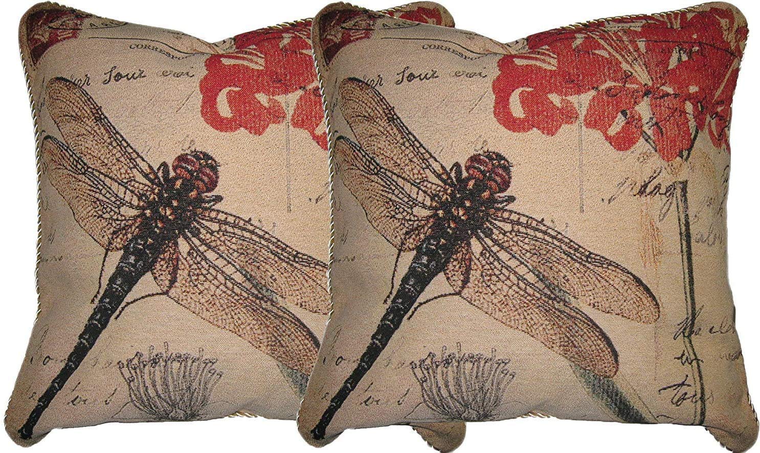 DaDa Bedding Tapestry Throw Pillow Covers Set of 2 - Elegant Cottage Dragonfly Dreams Woven Cushion Cases 18x18 Inches - Fantasy Novelty Home Decor for Living Room, Bedroom, Nursery (15041)
