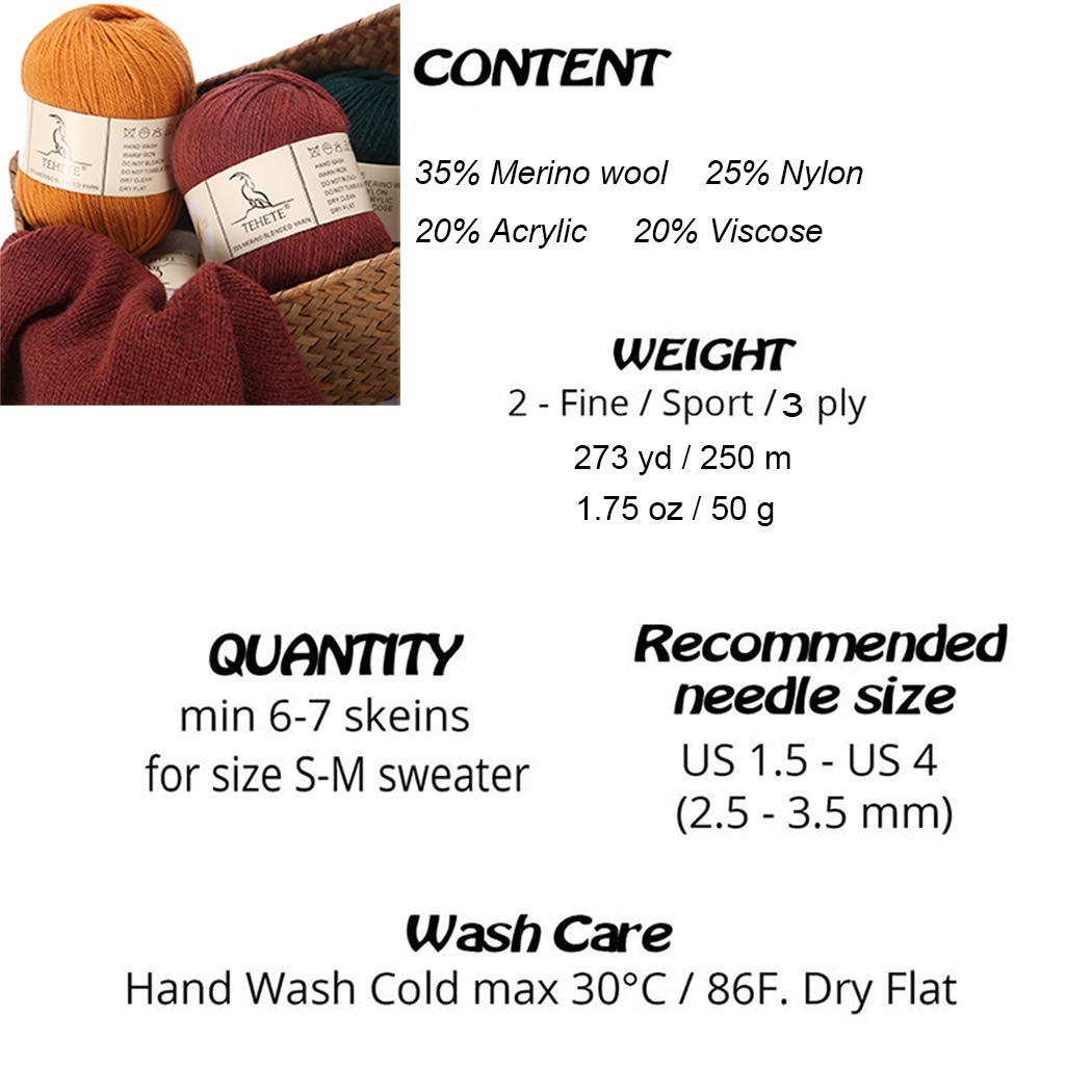 TEHETE 3-Ply Soft Merino Wool Yarn for Knitting & Crochet - Premium Handmade Craft Yarn for Scarves, Sweaters & Baby Blankets