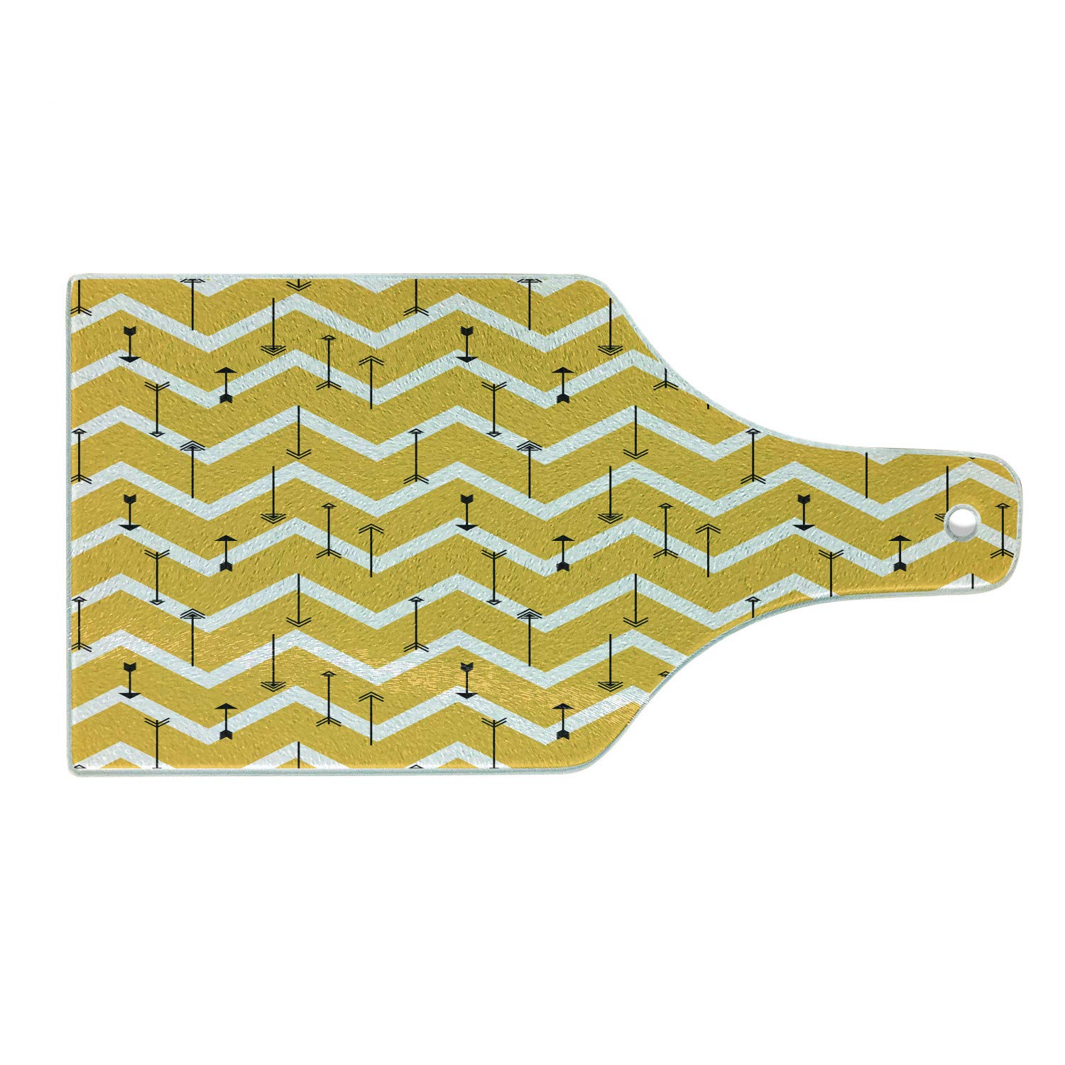 Ambesonne Aztec Cutting Board - Tribal Arrows & Zig Zag Chevron Design - Tempered Glass Serving Board for Cheese, Charcuterie & Wine - Wine Bottle Shape in Earth Yellow, White & Black - Perfect for Kitchen, Dining & Party Entertaining