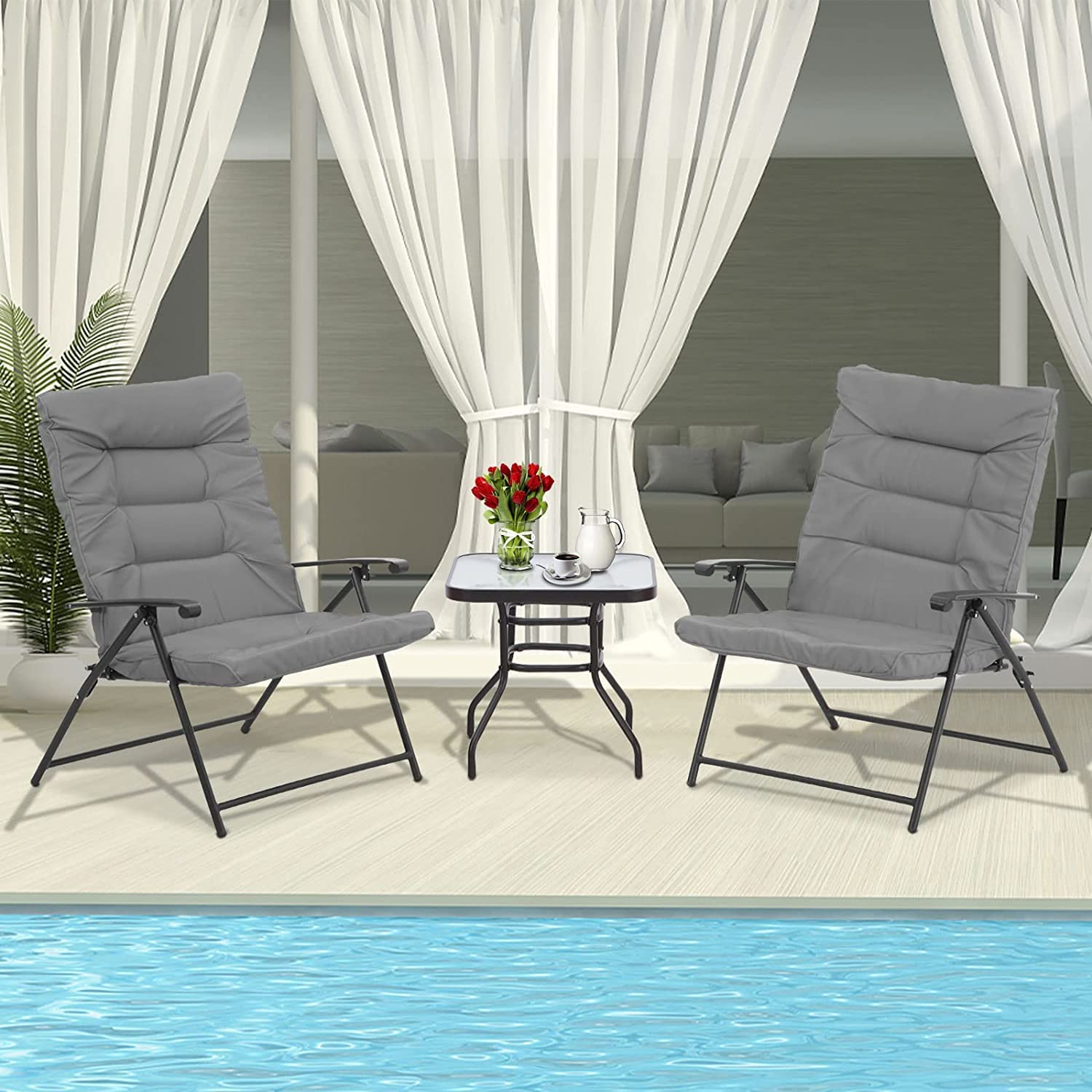 Incbruce 3-Piece Folding Bistro Set with Adjustable Reclining Chairs, Steel Frame & Coffee Table - Classic Grey Cushions for Outdoor Patio, Garden, Deck & Front Porch Relaxation | Perfect for Entertaining Guests or Lounging in the Sun