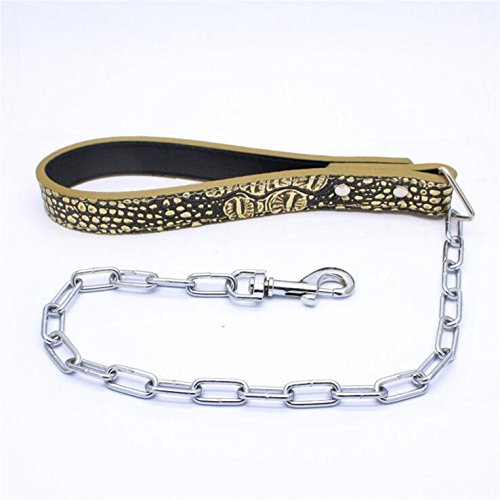 2 Inches Wide Heavy Duty Leather Spiked Studded Dog Collar with Chain Leash Set for Pitbull, Bulldog, Doberman - Gold Brown, Medium Size - Perfect for Training, Walking & Protection