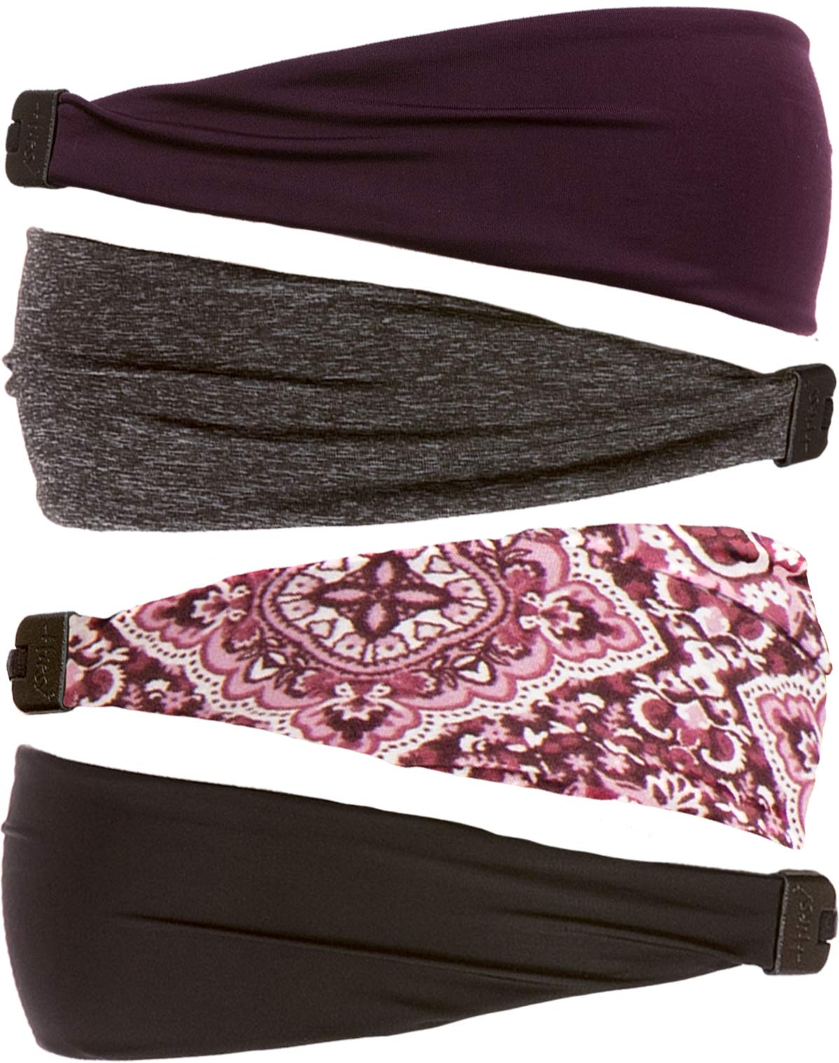 Hipsy Adjustable Wide Sports Headbands for Women & Girls - 4 Pack (Black, Bandana, Charcoal, Plum) - Soft Xflex Hair Bands for Running, Yoga, Workouts & Everyday Wear