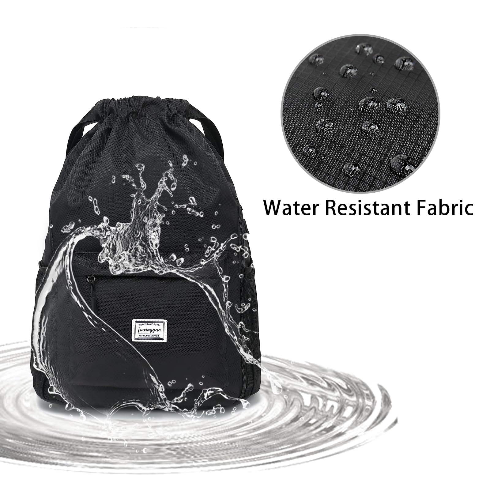 Fitness Drawstring Backpack with Shoe Compartment for Gym & Travel - Black