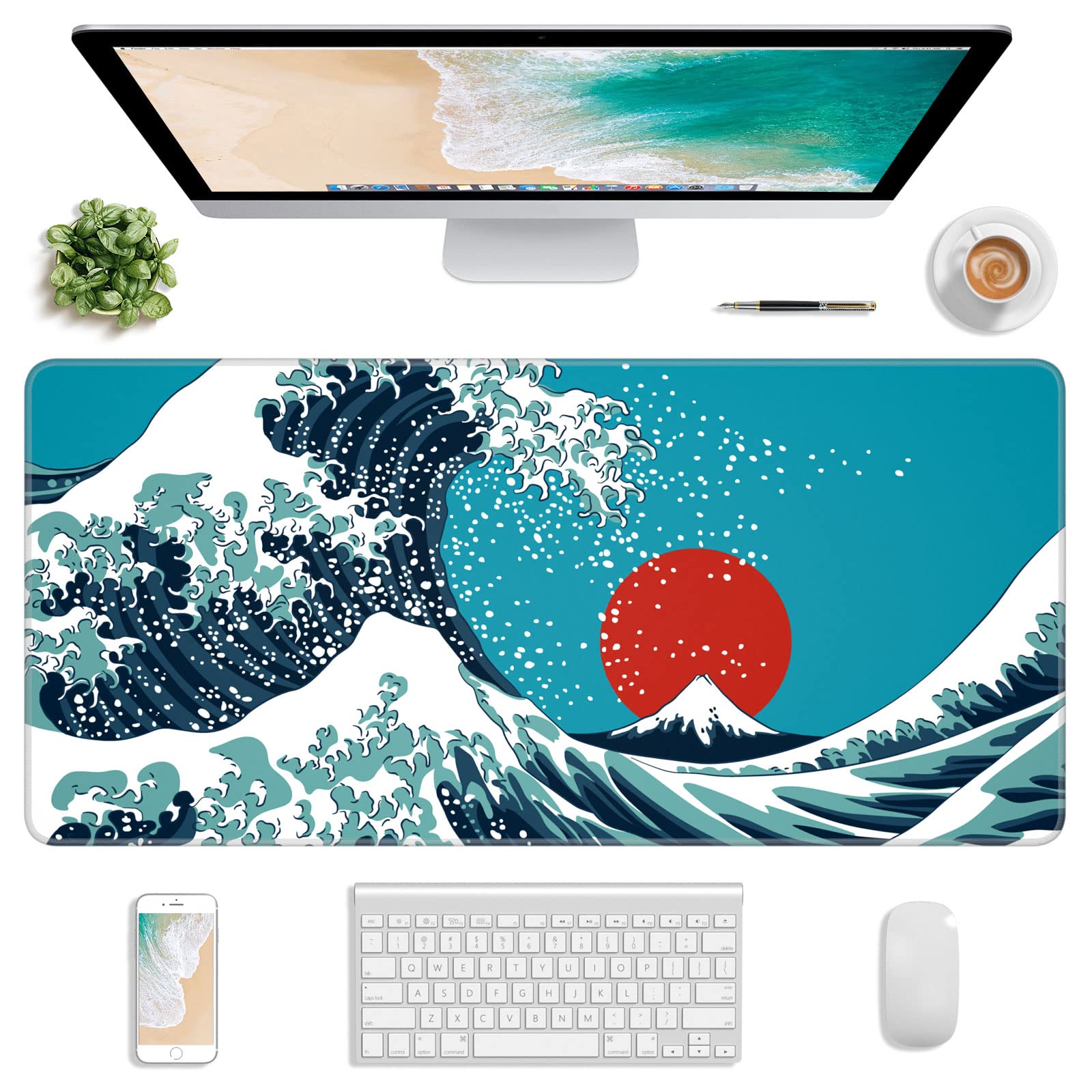 Japanese Wave & Red Sun Extended Gaming Mouse Pad - XL Large 30x14 Inch Waterproof Desk Mat with Stitched Edges & Non-Slip Base for PC, Laptop, Office & Esports Gaming - Perfect for Gamers, Streamers & Anime Fans
