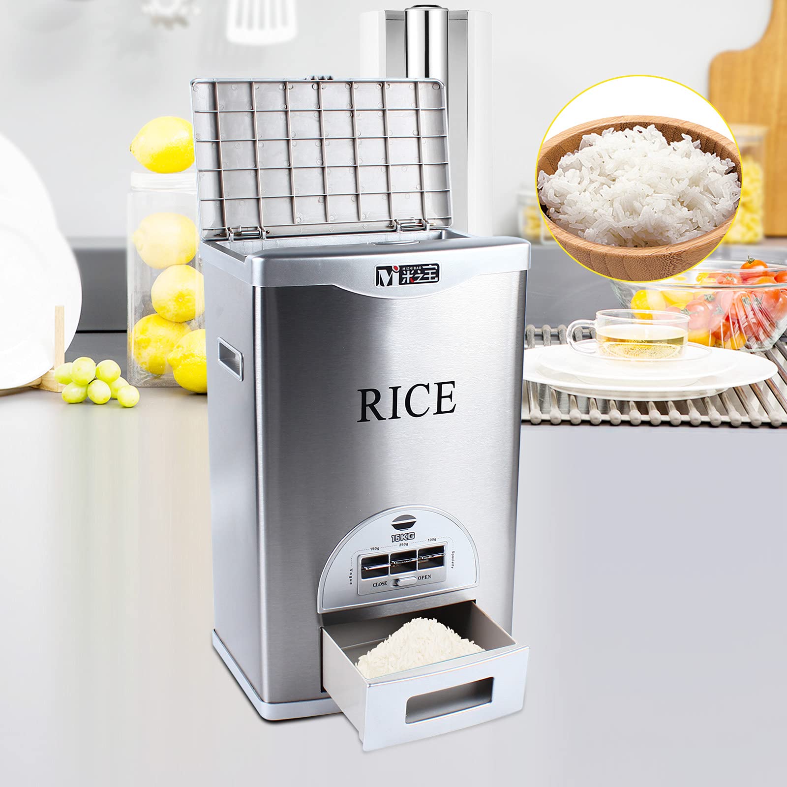 LOYALHEARTDY Automatic Rice Dispenser - 15kg/33lb Large Capacity Grain Storage Container with 100g/150g/250g Portion Control - Stainless Steel & ABS for Rice, Beans, Small Grains - Perfect for Kitchen, Pantry & Bulk Food Storage