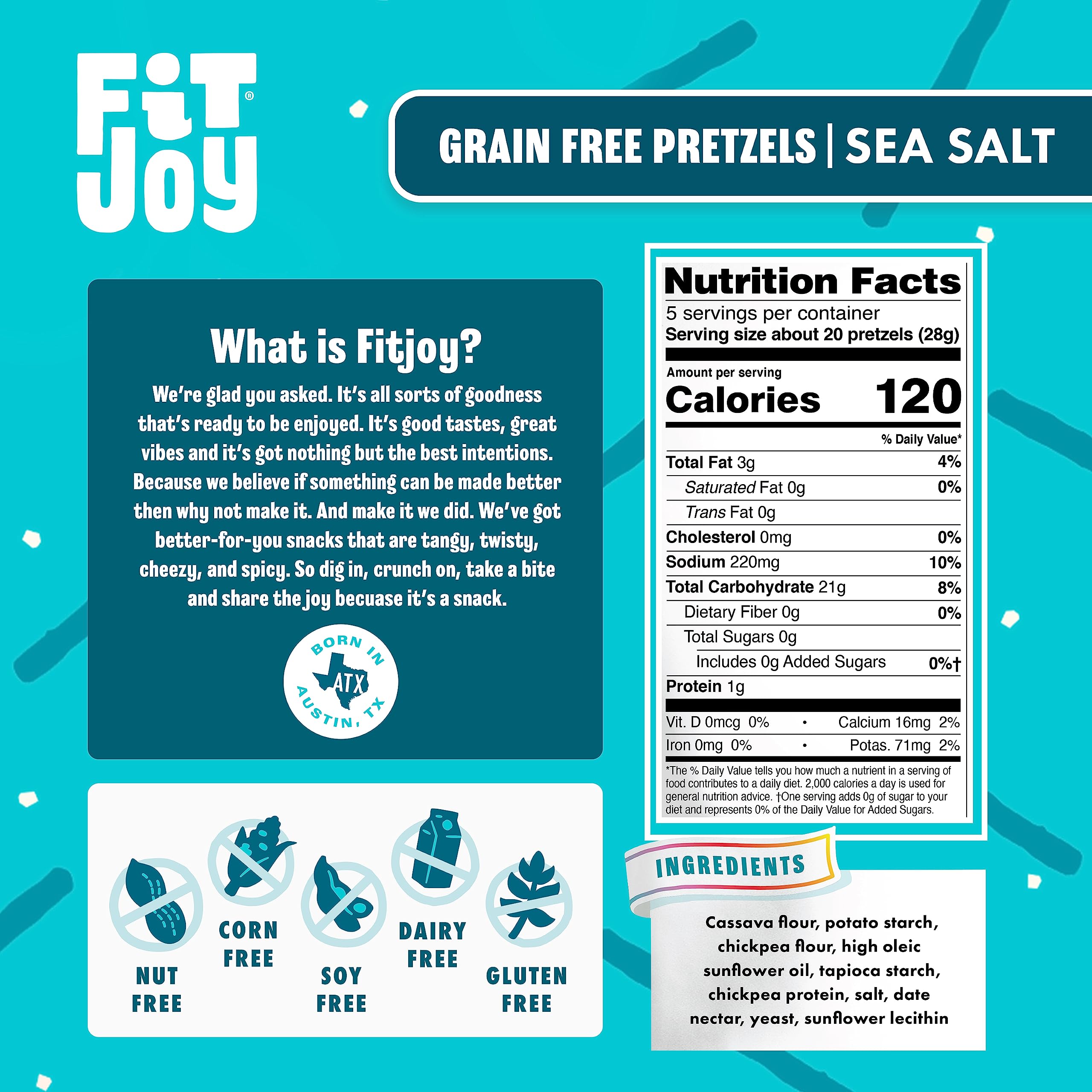 FitJoy Gluten Free Pretzels - Sea Salt Sticks, Grain Free Snacks | Made in USA, Crispy Crunchy Texture | Nut Free, Non-GMO, Vegan Certified | 5 Oz (6 Pack) | Perfect for School Lunches, Office Snacks & Healthy On-the-Go Treats