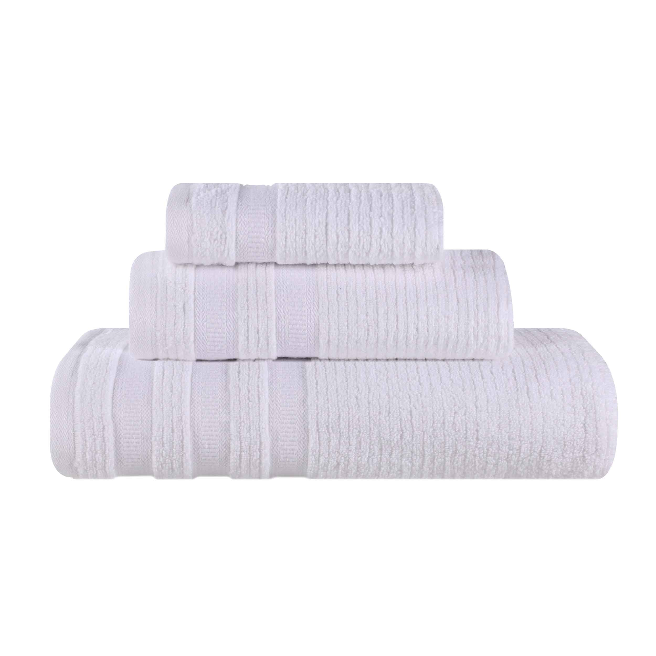 Premium Zero Twist Cotton Ribbed Geometric Border Plush 3-Piece Bath Towel Set - Ultra Soft & Absorbent for Spa, Bathroom & Luxury Home Use