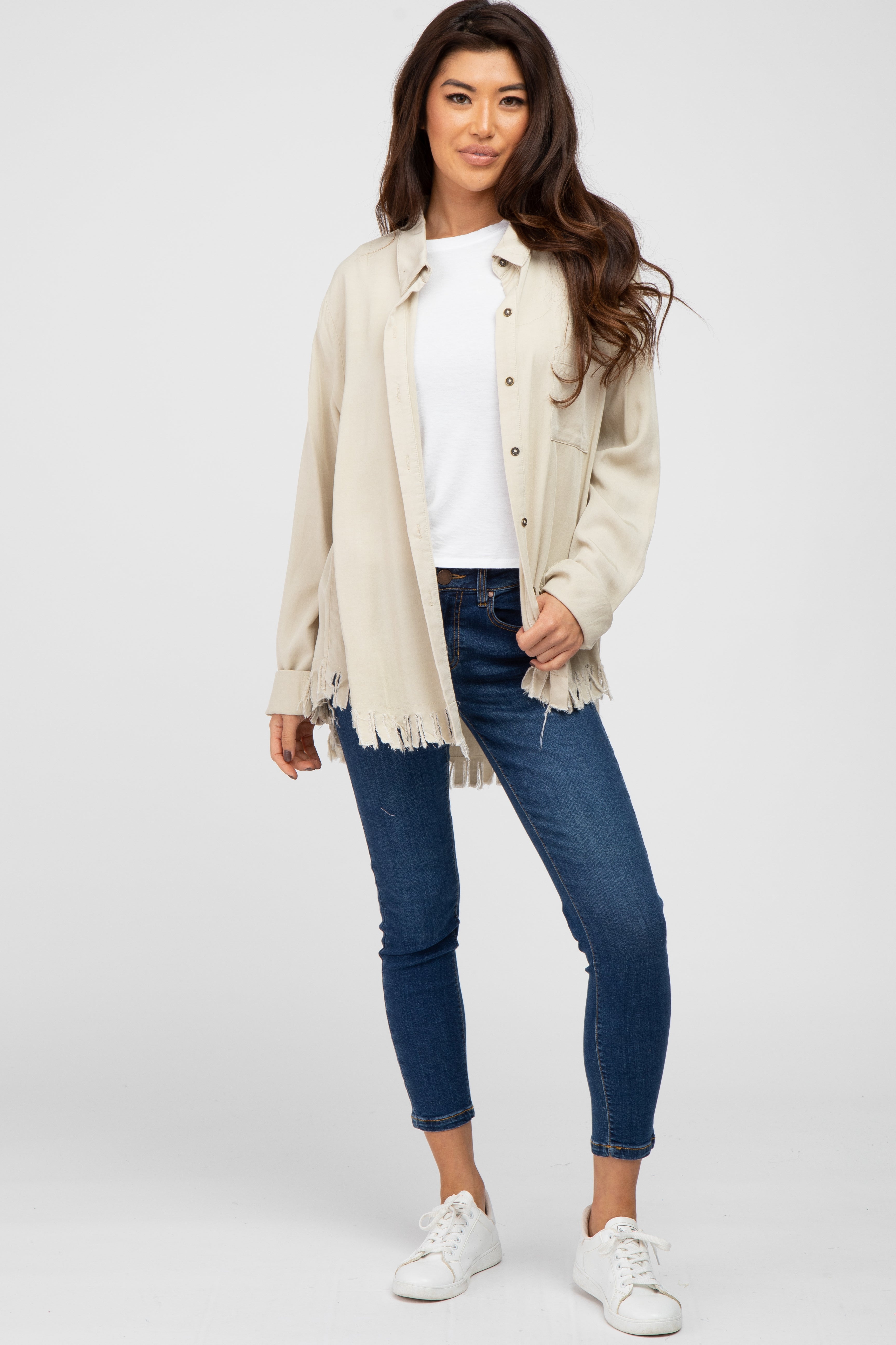 Distressed Beige Hi-Low Button-Up Blouse for Women - Vintage Boho Chic Shirt for Casual Outfits & Layering