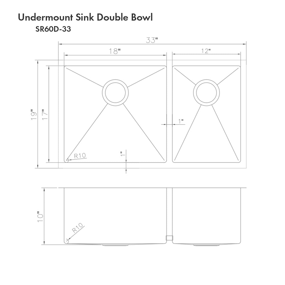 ZLINE Chamonix 33-inch Undermount Double Bowl Stainless Steel Kitchen Sink with Bottom Grid (SR60D 33) - Perfect for Modern Kitchens, Dishwashing & Food Prep
