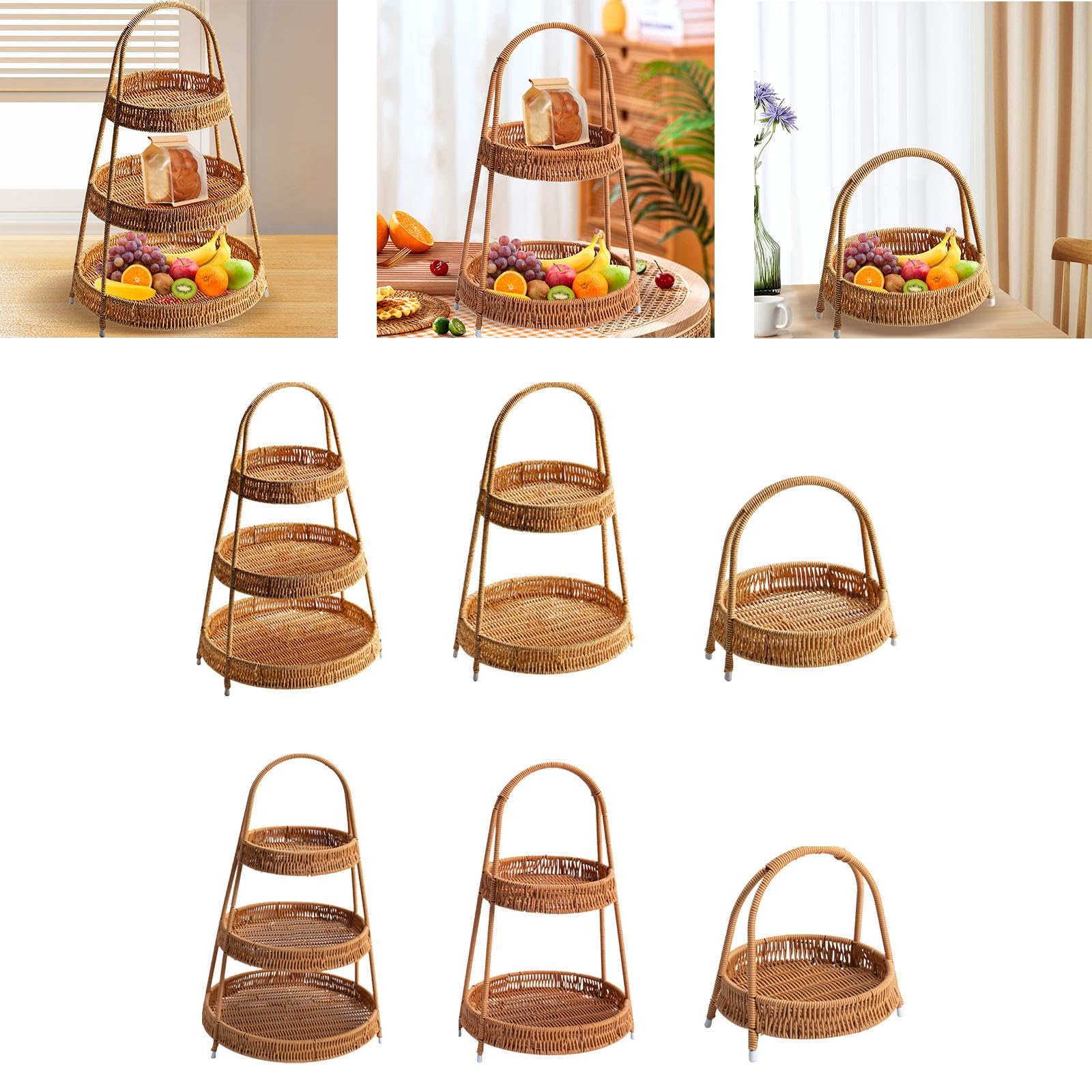 CALANDIS® 3-Tier Handwoven Wicker Serving Basket - Food & Snack Tray for Coffee Table, Party Countertop, and Light Dining | Perfect for Fruits, Bread, Desserts, and Entertaining Guests at Home or Office