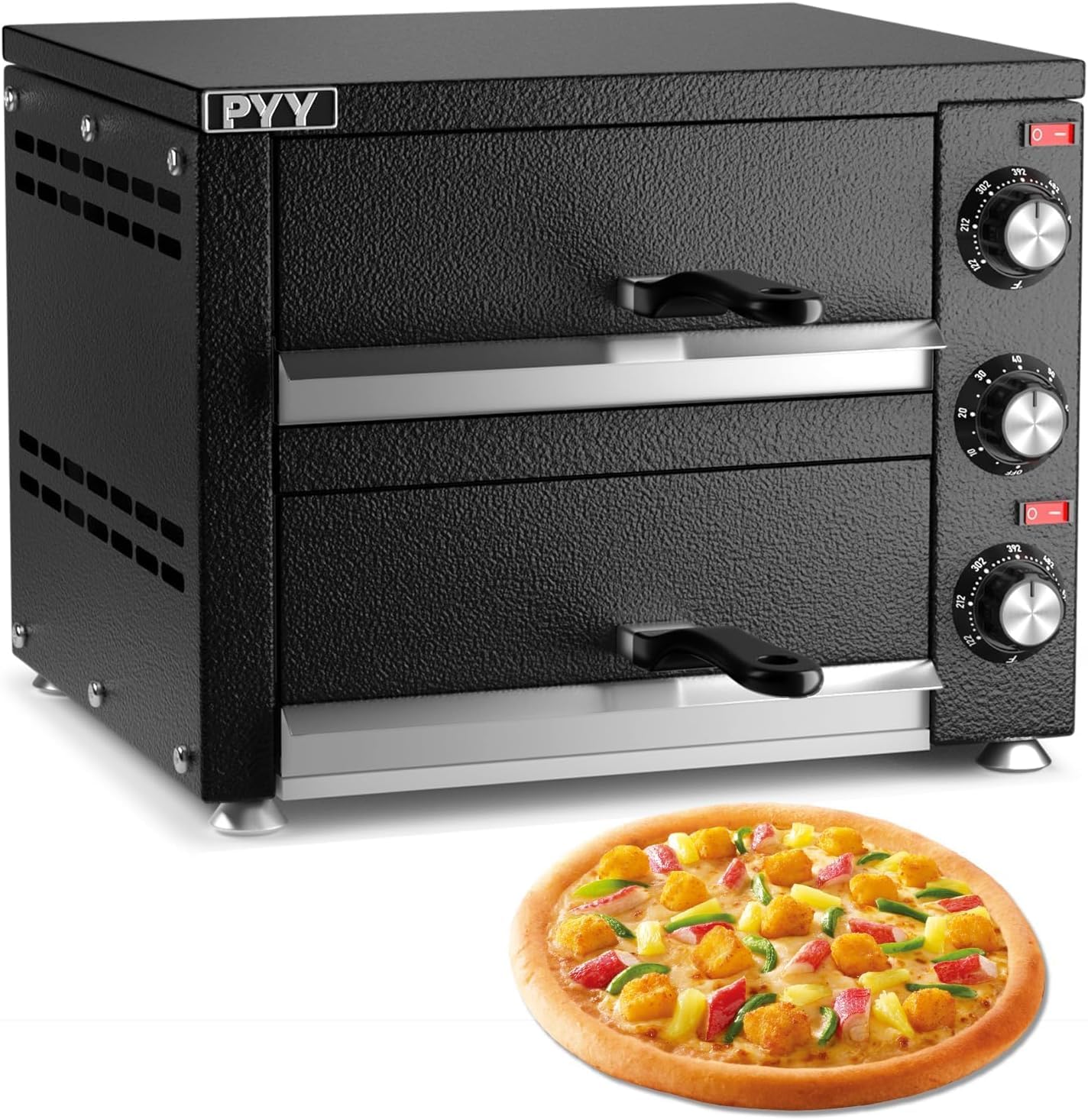 PYY Commercial Countertop Pizza Oven - 2-Tier Stainless Steel Electric Pizza Maker with Timer for Home & Restaurant Use - Perfect for Indoor Pizza Baking, Party Cooking & Small Business (Black)