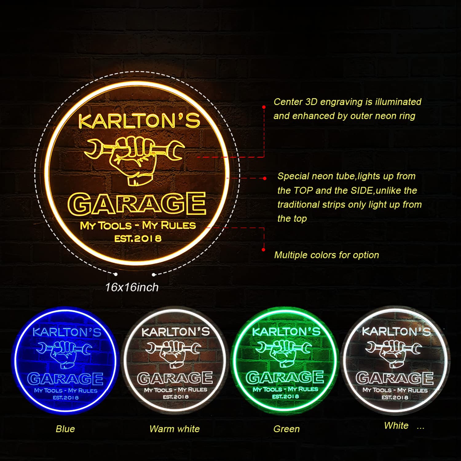 Custom Neon Garage Signs - Personalized LED Light Sign for Man Cave, Dad's Workshop & Gifts - 16x16 Inch Round Neon Decor for Home Bar, Garage Wall & Birthday Presents