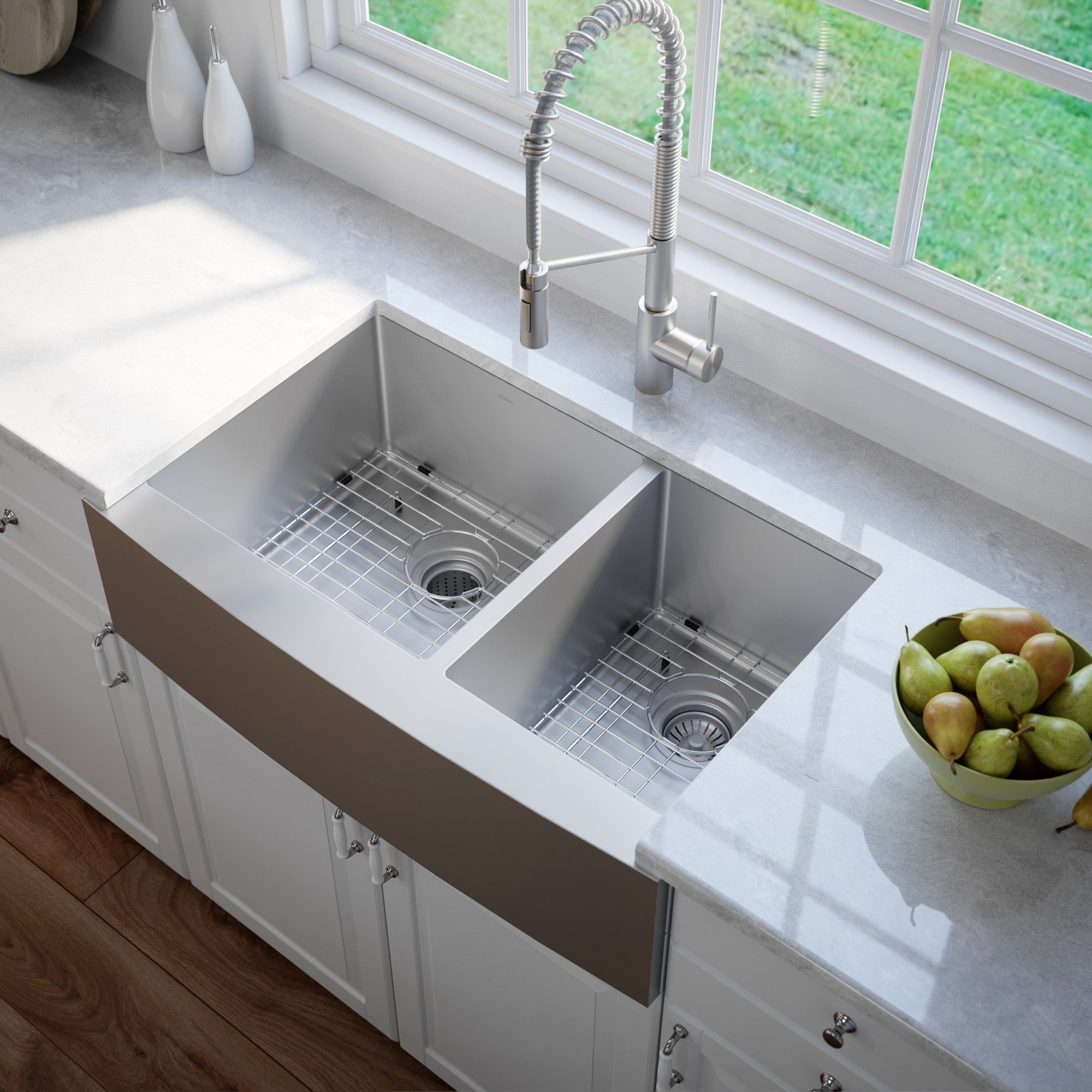 KRAUS Standard PRO™ 36-inch 16 Gauge 60/40 Double Bowl Stainless Steel Farmhouse Kitchen Sink with WasteGuard™ Continuous Feed Garbage Disposal - KHF203-36-100-75MB | Durable & Stylish for Modern Kitchens, Perfect for Busy Home Chefs & Large Families