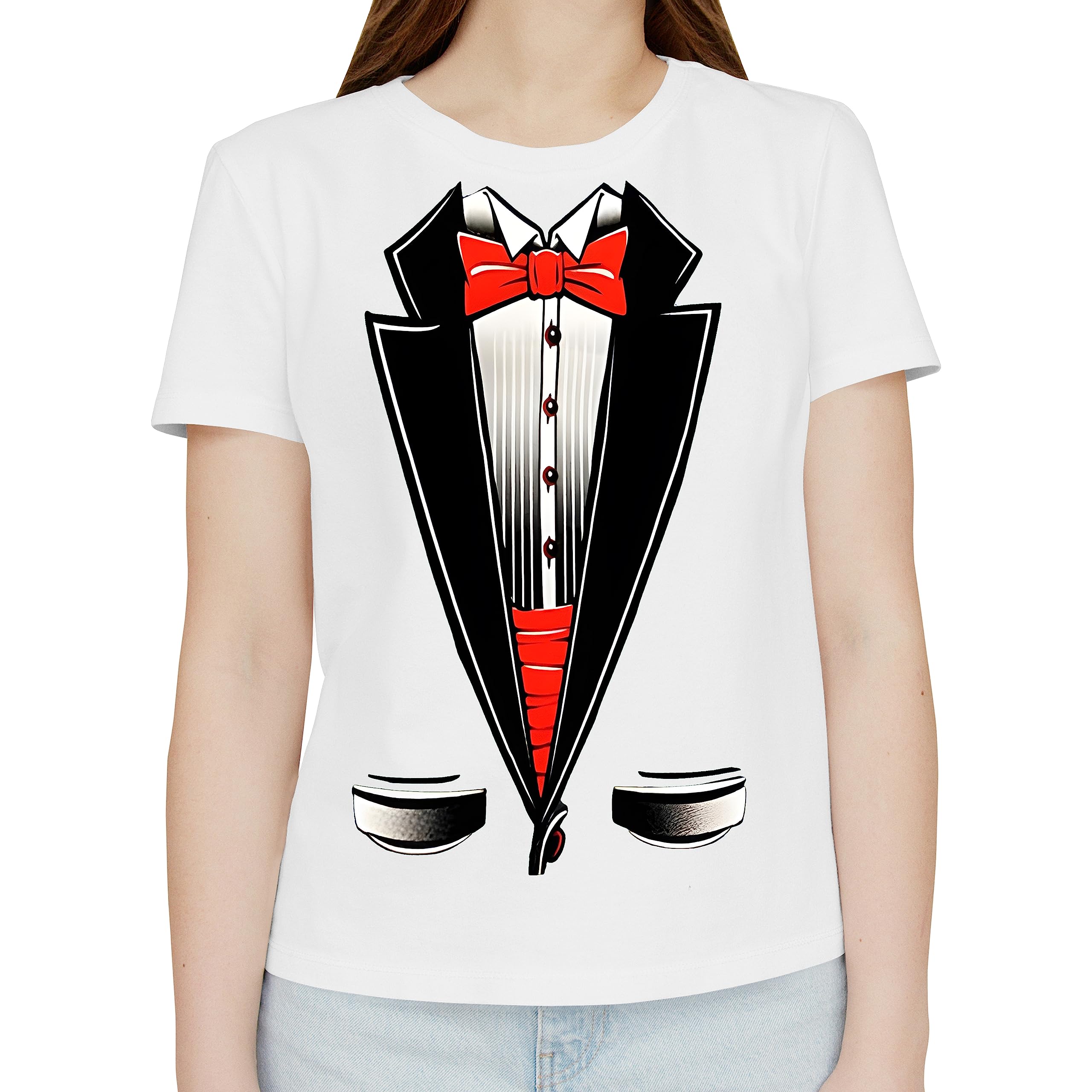 Fresh Tees Unisex Tuxedo Shirt with Red Bowtie - Funny Formal T-Shirt for Women & Men | Perfect for Costume Parties, Office Pranks and Themed Events
