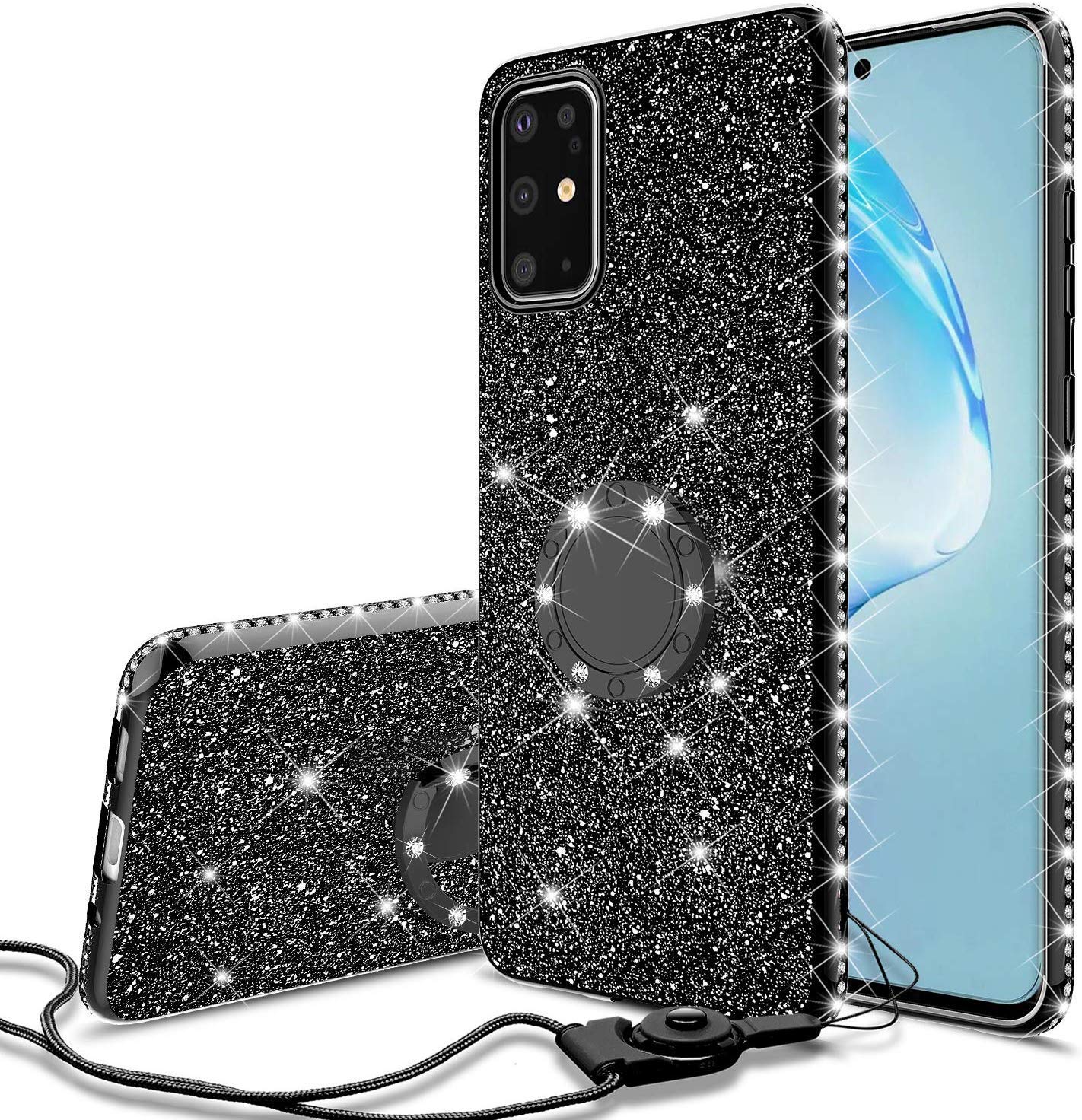 Samsung Galaxy S20 Plus Case - SOGA Glitter Diamond Rhinestone TPU Phone Cover with Ring Stand & Lanyard for Women | Shockproof Protective Case for Everyday Use, Work & Travel (Black)