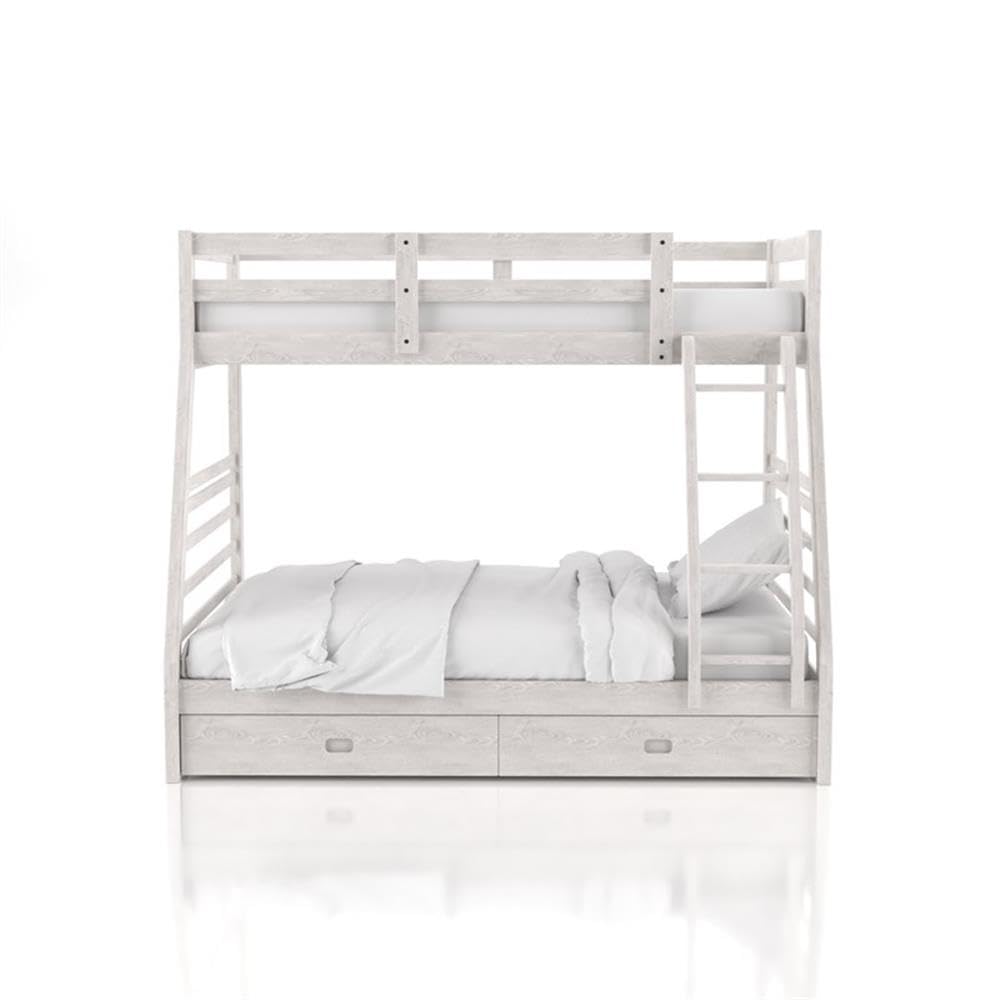 Tomi Wood Twin Over Full Storage Bunk Bed in Brushed White - Space-Saving Kids Bedroom Furniture with Built-in Drawers for Organization | Perfect for Shared Rooms, Small Spaces & Sleepovers