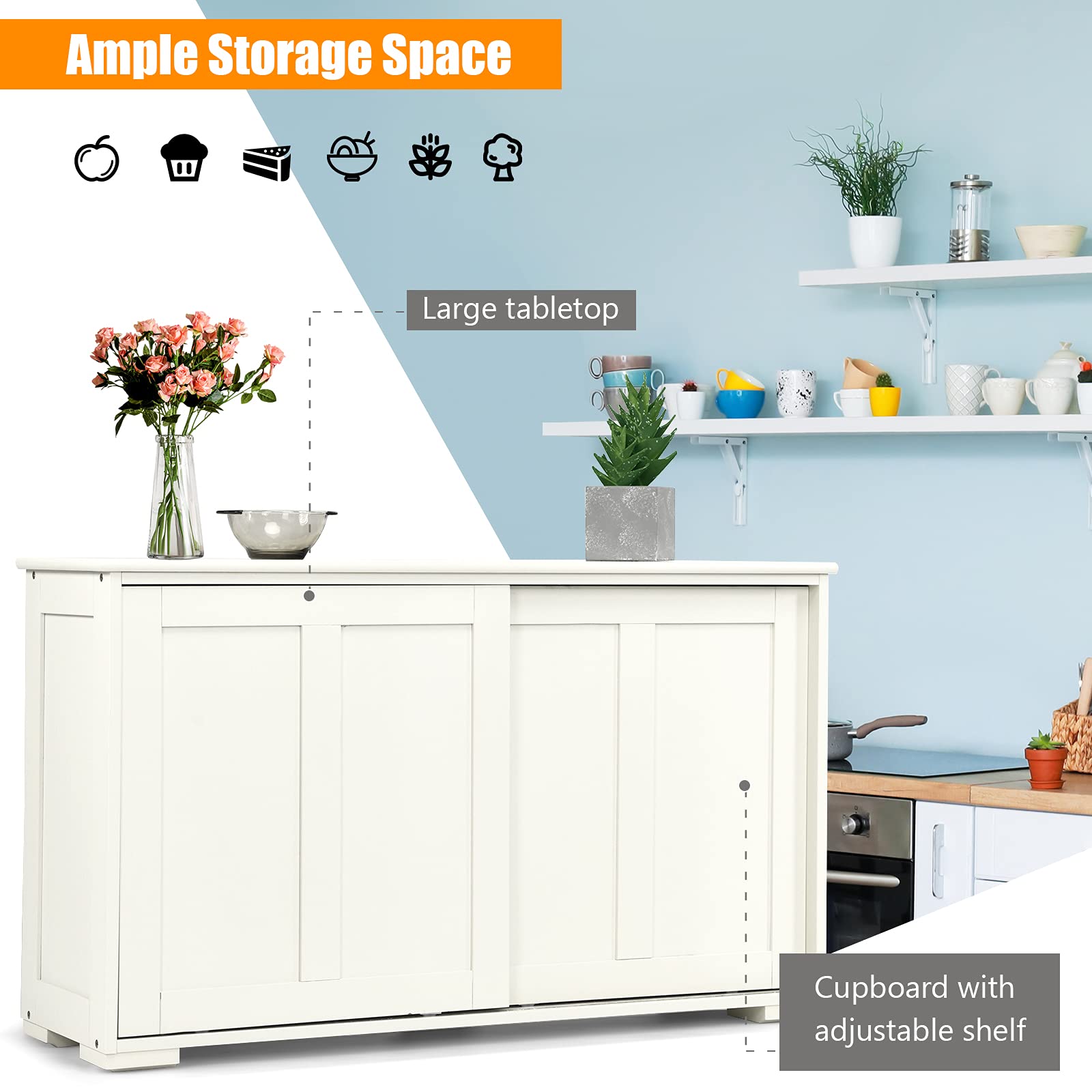 Costzon Wooden Sideboard Buffet Cabinet with Adjustable Shelf & Sliding Barn Door - Kitchen Storage, Coffee Bar Console Table for Living Room, Dining Room & Hallway - Perfect for Home Organization & Entertaining (White)