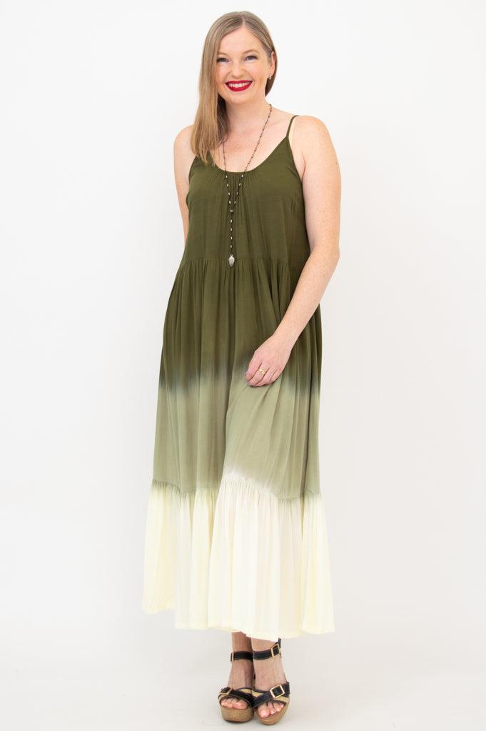 Boho Green Dip Dye Maxi Dress for Women - Flowy Summer Beach Dress for Vacation, Music Festivals & Outdoor Events