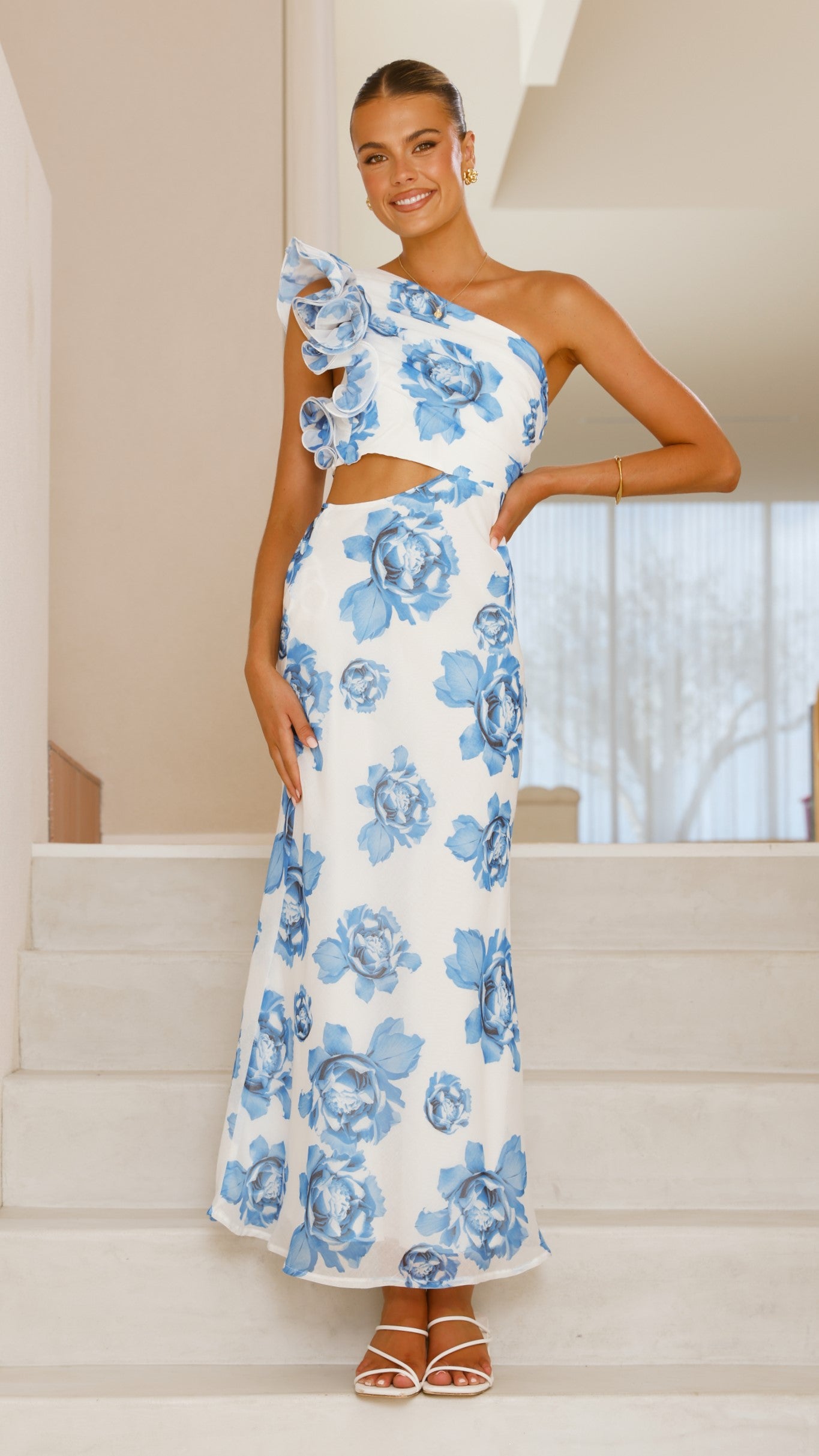 Elegant Amina Maxi Dress - Blue Rose Floral Print, Women's Summer Long Dress for Beach, Vacation & Casual Wear