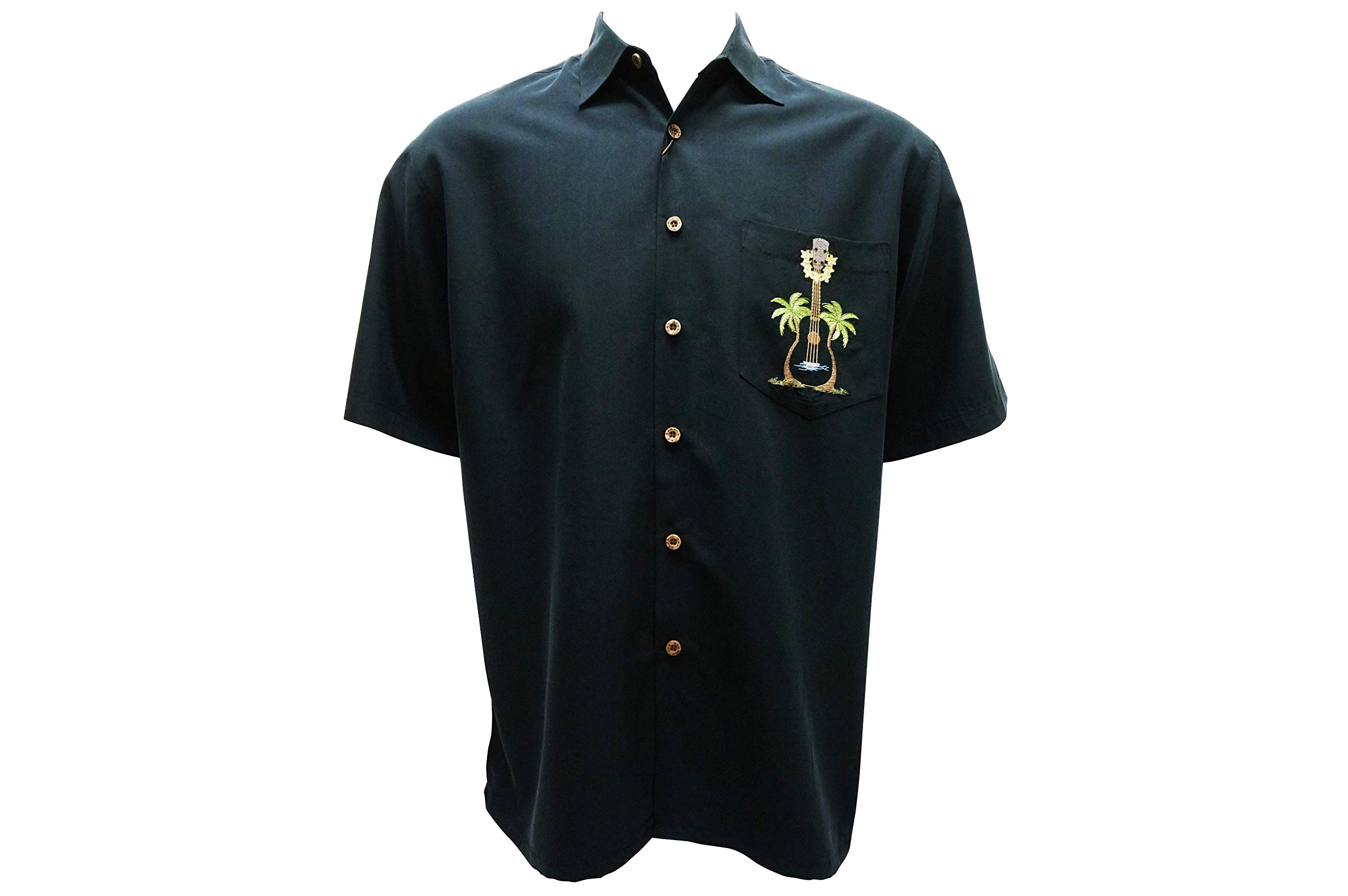 Bamboo Cay Men's Short Sleeve Hawaiian Shirt with Ukulele Island Embroidery - Casual Button Down Shirt for Beach Vacation, Summer Party & Tropical Getaways