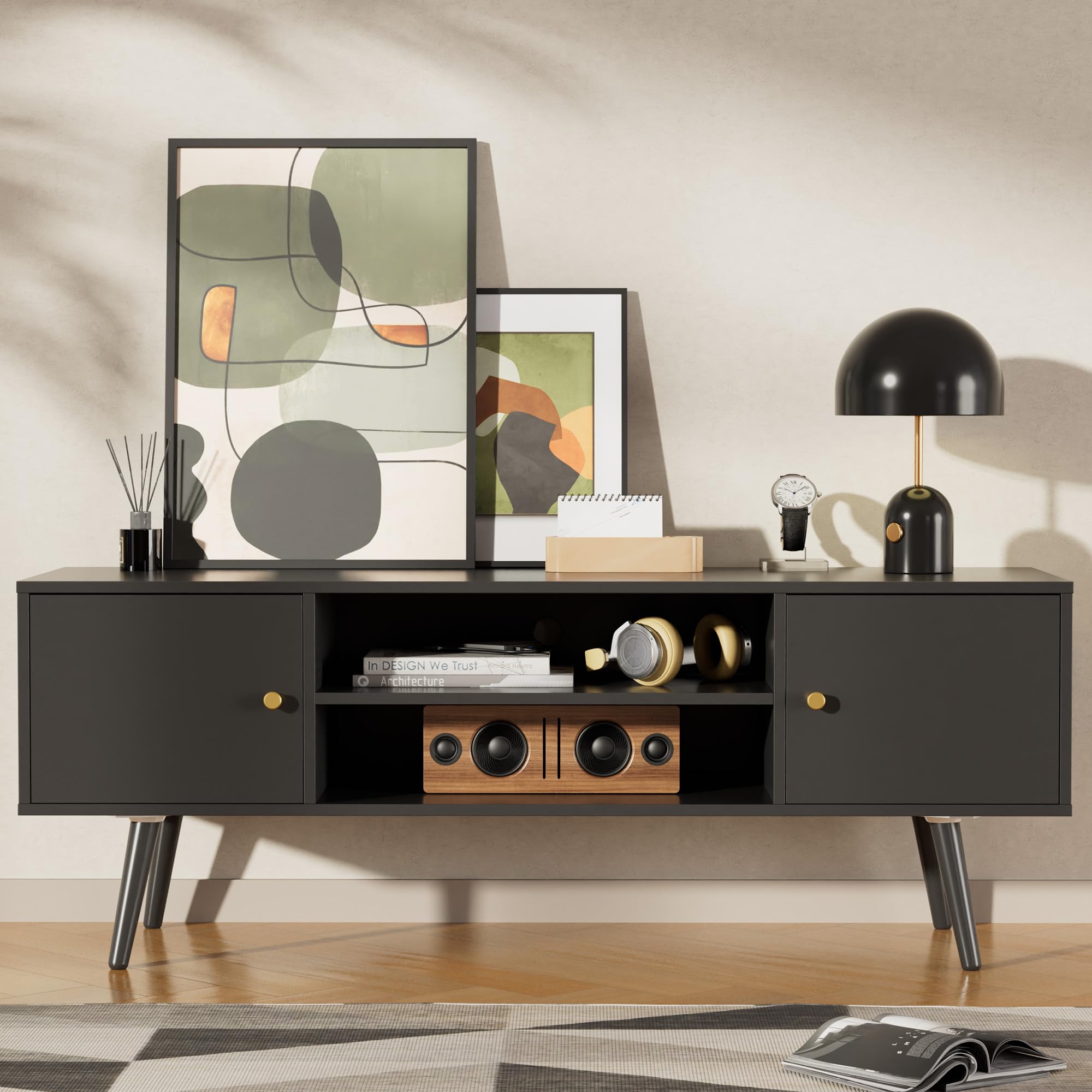 Mid Century Modern TV Stand for 55-60 Inch TVs - Cozy Castle Entertainment Center with Storage | Media Console Table for Living Room, Bedroom & Office | Perfect for Home Theater & Media Organization