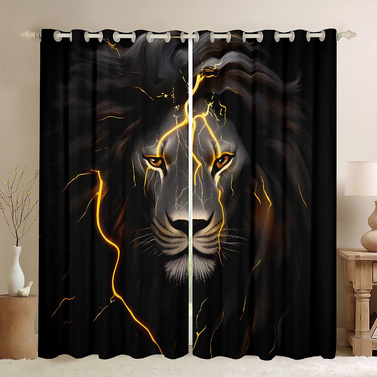 Gold Lion Head Window Curtains - Black & Grey Safari Animal Drapes for Bedroom & Living Room - 2 Panels 52x96 Inches - Perfect for Boys, Teens & Men - African Wildlife Theme Home Decor for Jungle & Adventure Style Rooms