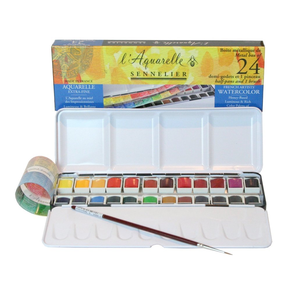 Sennelier 24 Half Pans Watercolor Paint Set - Professional Artist Grade Watercolors for Painting, Sketching & Illustration - Perfect for Beginners & Advanced Artists