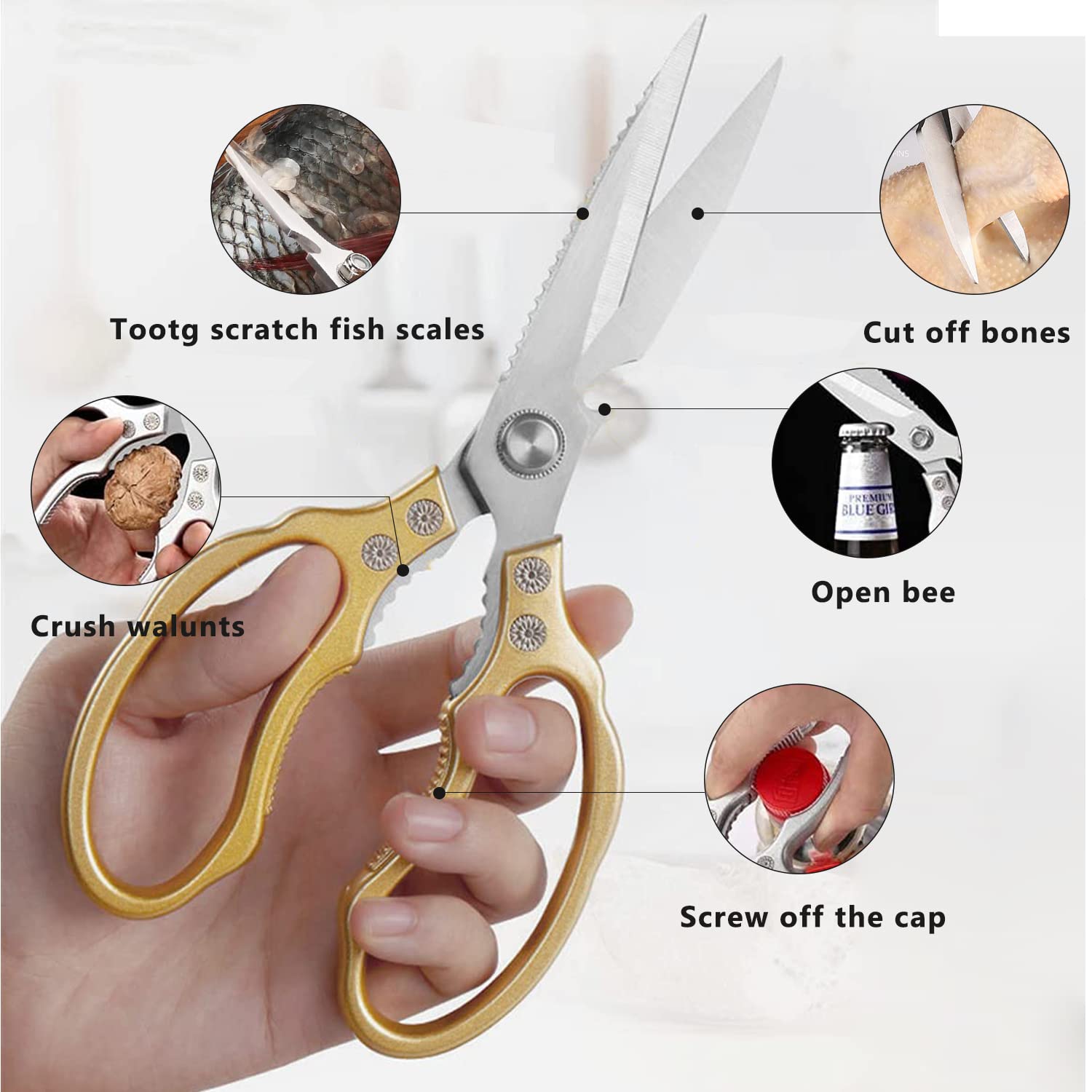 **Heavy Duty Kitchen Scissors - Ultra Sharp Stainless Steel Cooking Shears for Meat, Chicken, Fish, Poultry & Herbs - Dishwasher Safe Gold Kitchen Accessories - Perfect for Food Prep, Cutting Bread & More**