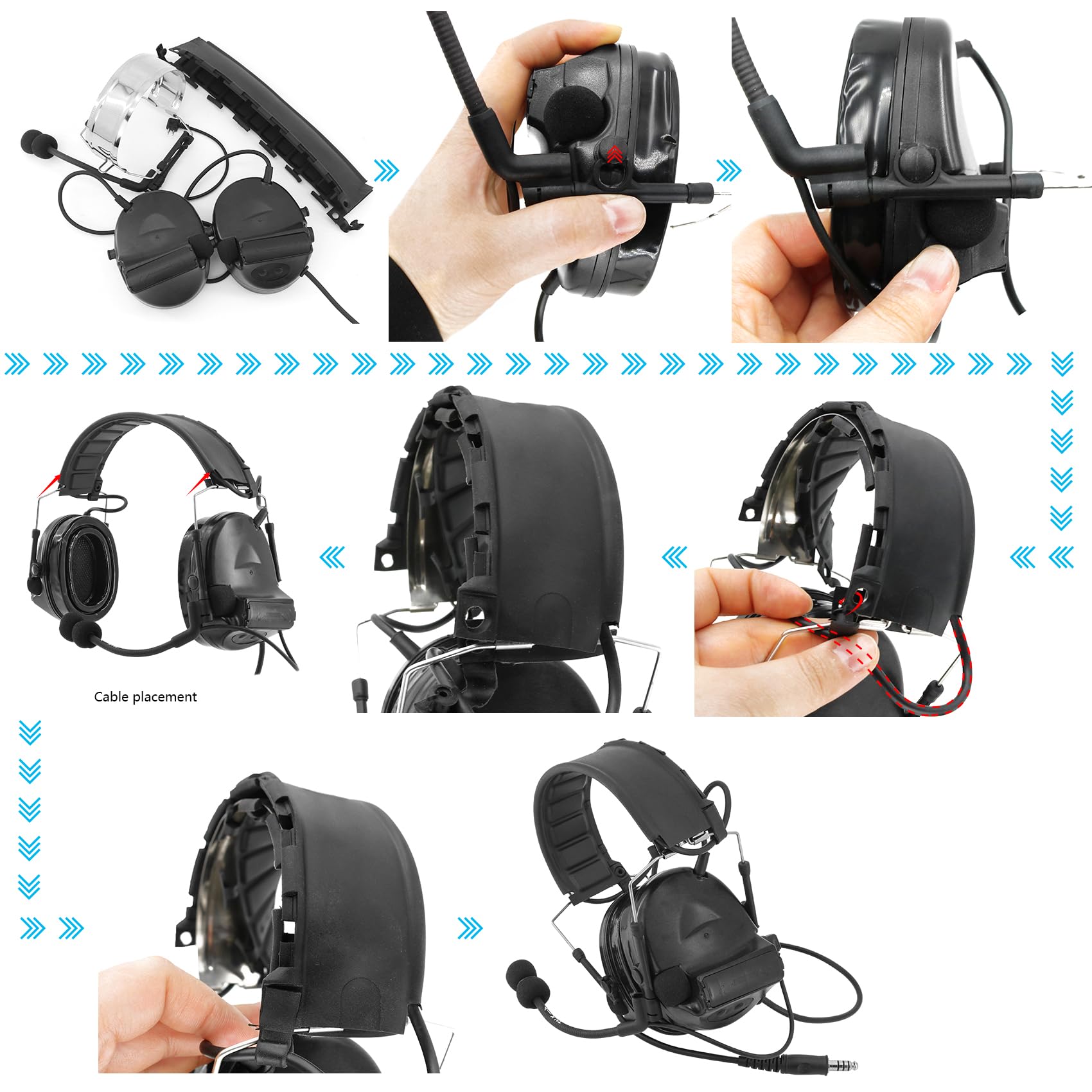 Tactical Headset with U94 PTT - Detachable Headband & Rail Adapter for ARC, Mlok, Team Wendy Rail - Perfect for Airsoft, Military Training & Outdoor Sports (Black)