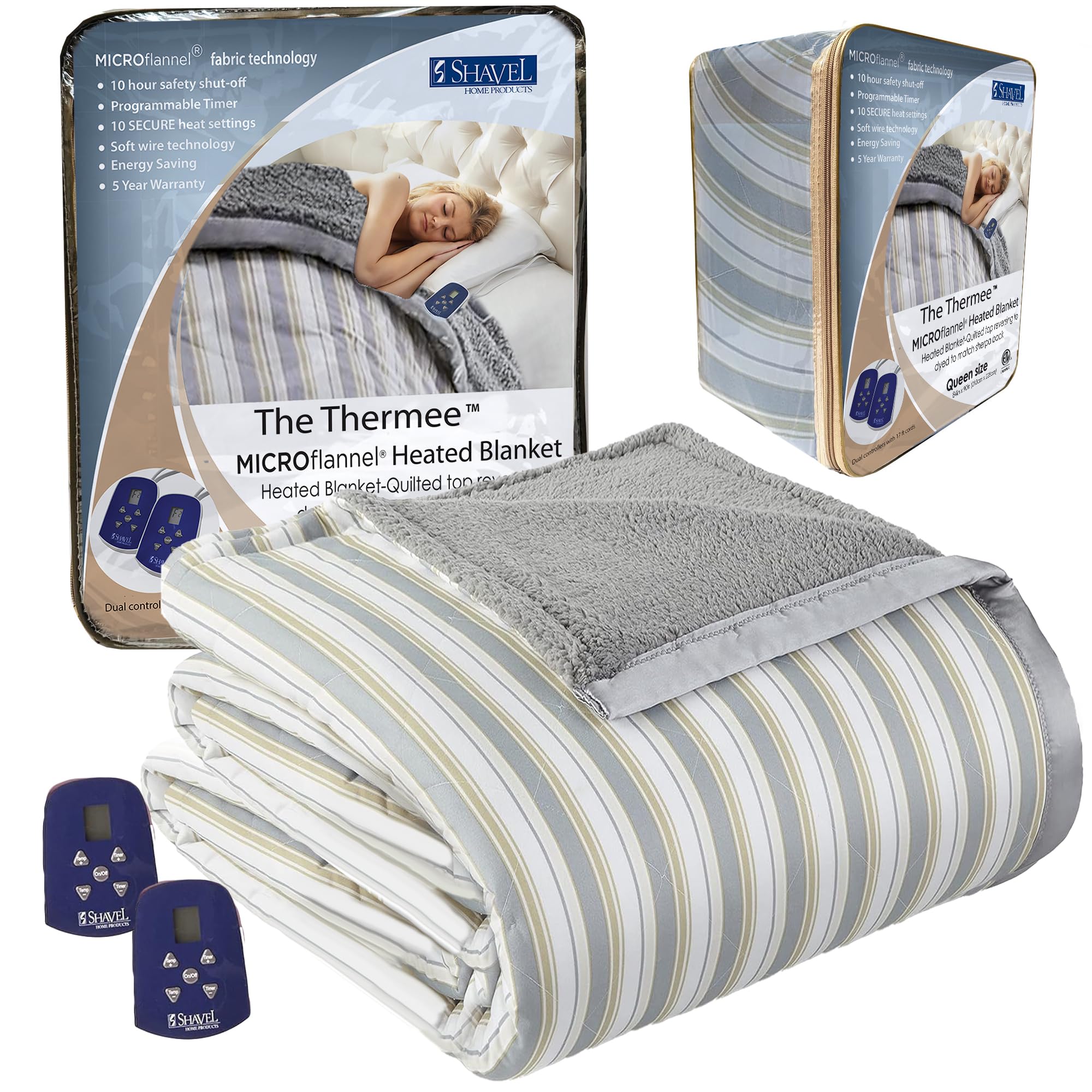 Thermee Micro Flannel Heated Blanket with Sherpa Back - 10 Heat Settings Queen Size Electric Blanket, Programmable Fast Heating Thermal Throw - Ultra Soft for Winter, Bed, Sofa & Office Use - City Stripe Design
