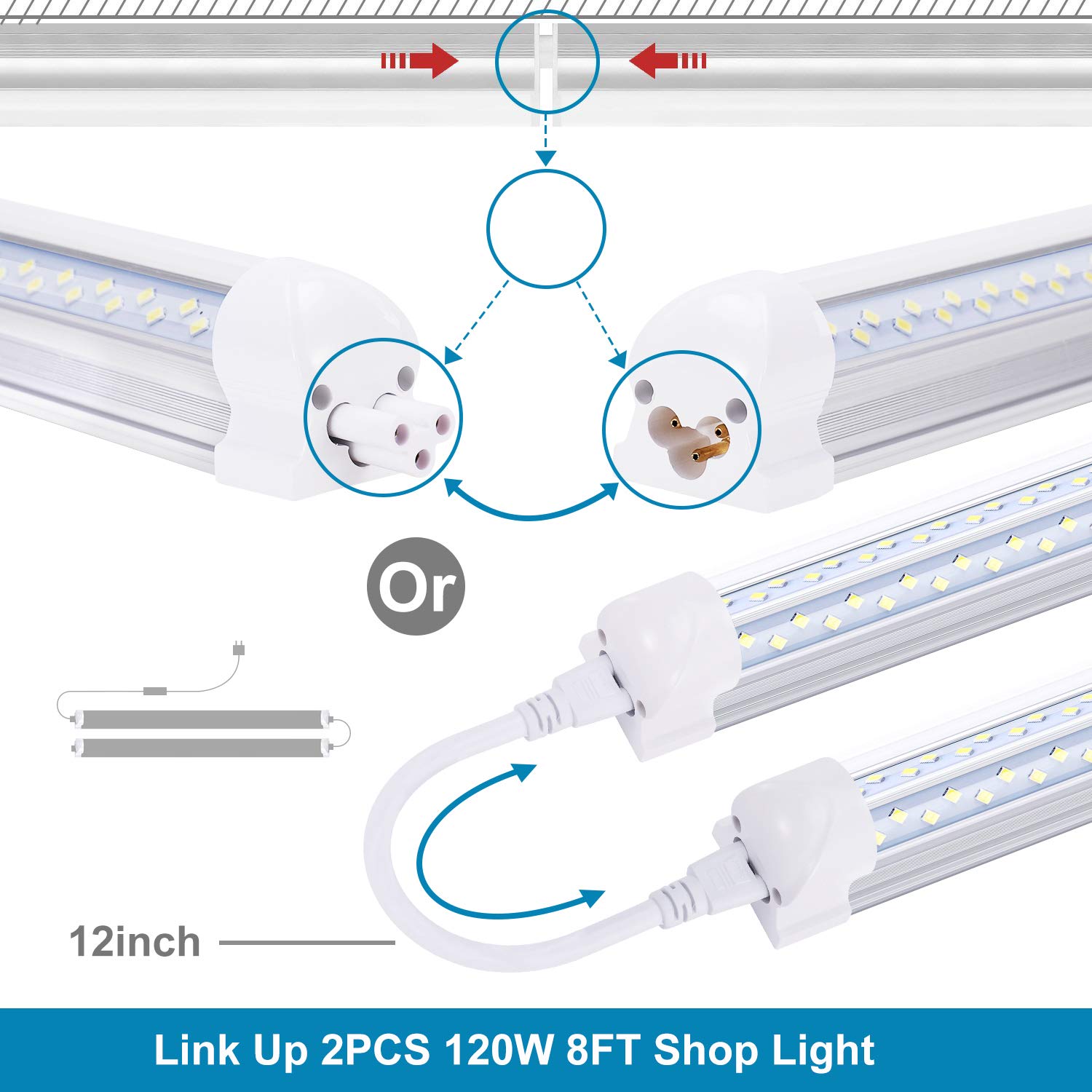 120W 8FT LED Shop Light Fixture - 4 Rows T8 Integrated Linkable V-Shaped 270° Clear Lens - 6000K Daylight White Plug & Play LED Fluorescent Tube Replacement (6-Pack) - Perfect for Warehouses, Garages, Workshops & Commercial Lighting - Ships from USA
