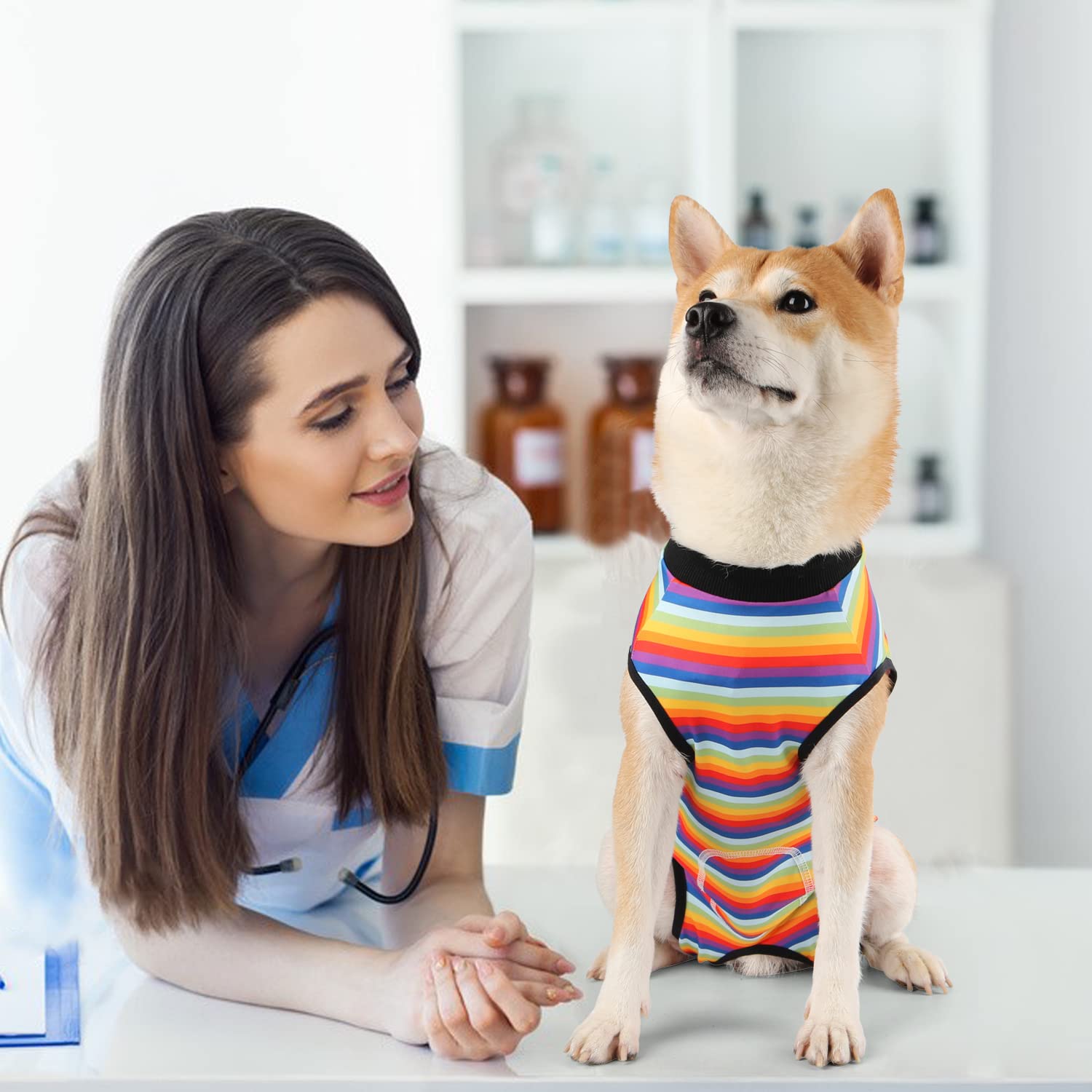 Dog Surgery Recovery Suit for Spay/Neuter - Post-Op Protective Onesie for Female & Male Dogs - Rainbow Stripe Design - Small Size - Ideal for Wound Protection & Comfort After Vet Procedures