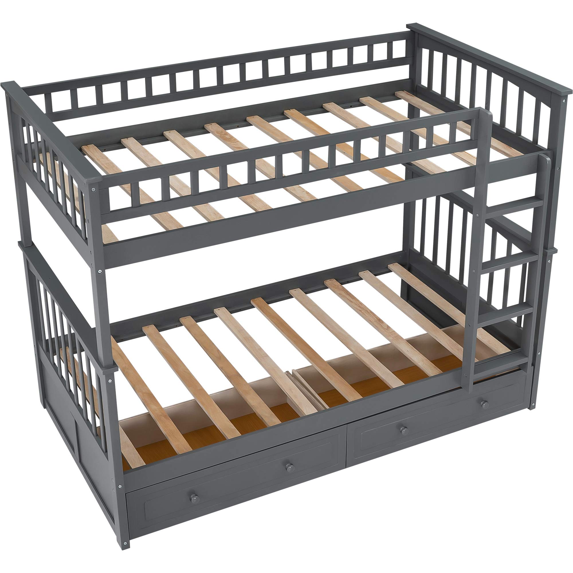 P PURLOVE Twin Over Twin Bunk Bed with 2 Storage Drawers - Space-Saving Wood Convertible Bunk Bed Frame for Kids & Teens - Can Be Divided into 2 Daybeds - Gray - Perfect for Small Bedrooms, Guest Rooms & Dormitories