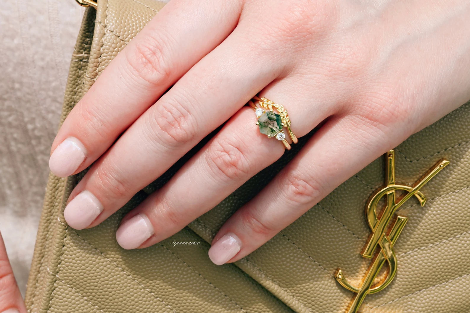 Natural Moss Agate Fairy Leaf Ring Set - 14K Yellow Gold Vermeil Stackable Rings for Women, Nature-Inspired Jewelry for Boho Style & Everyday Wear